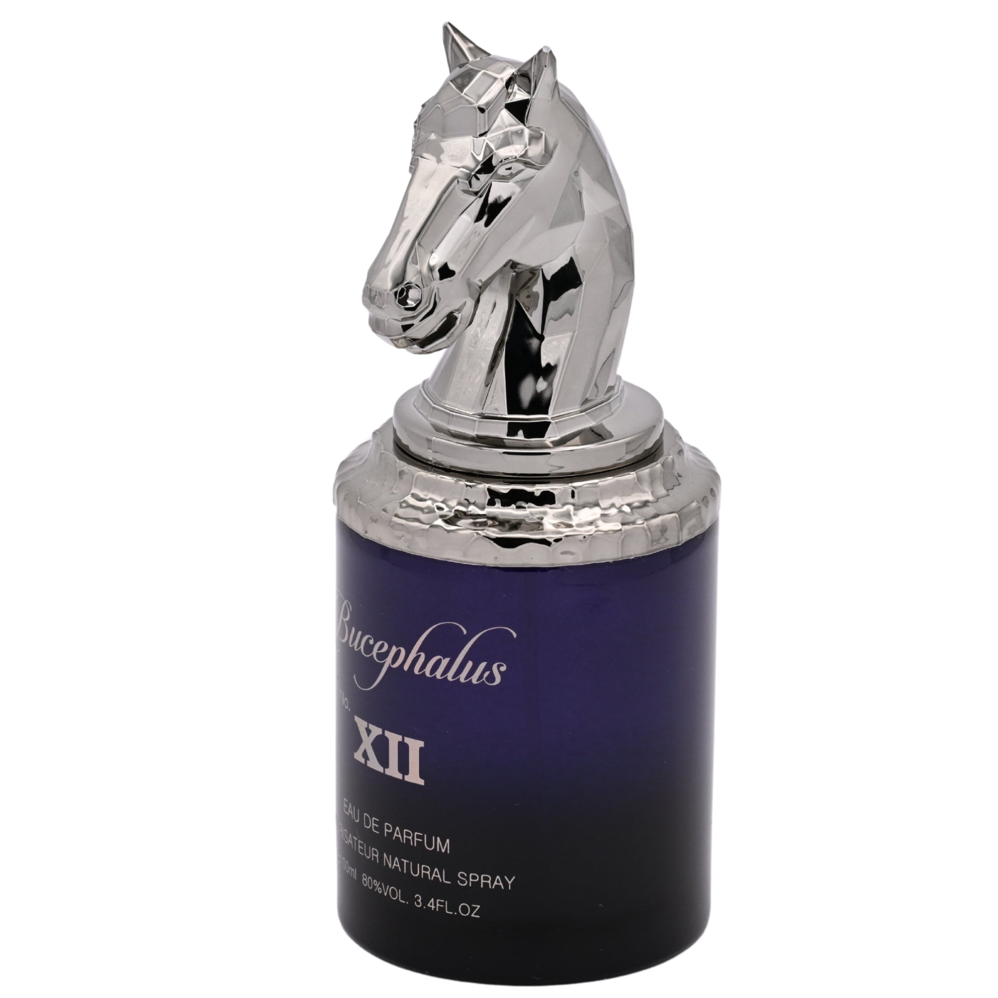 Perfume bottle with a silver horse head design on a white background