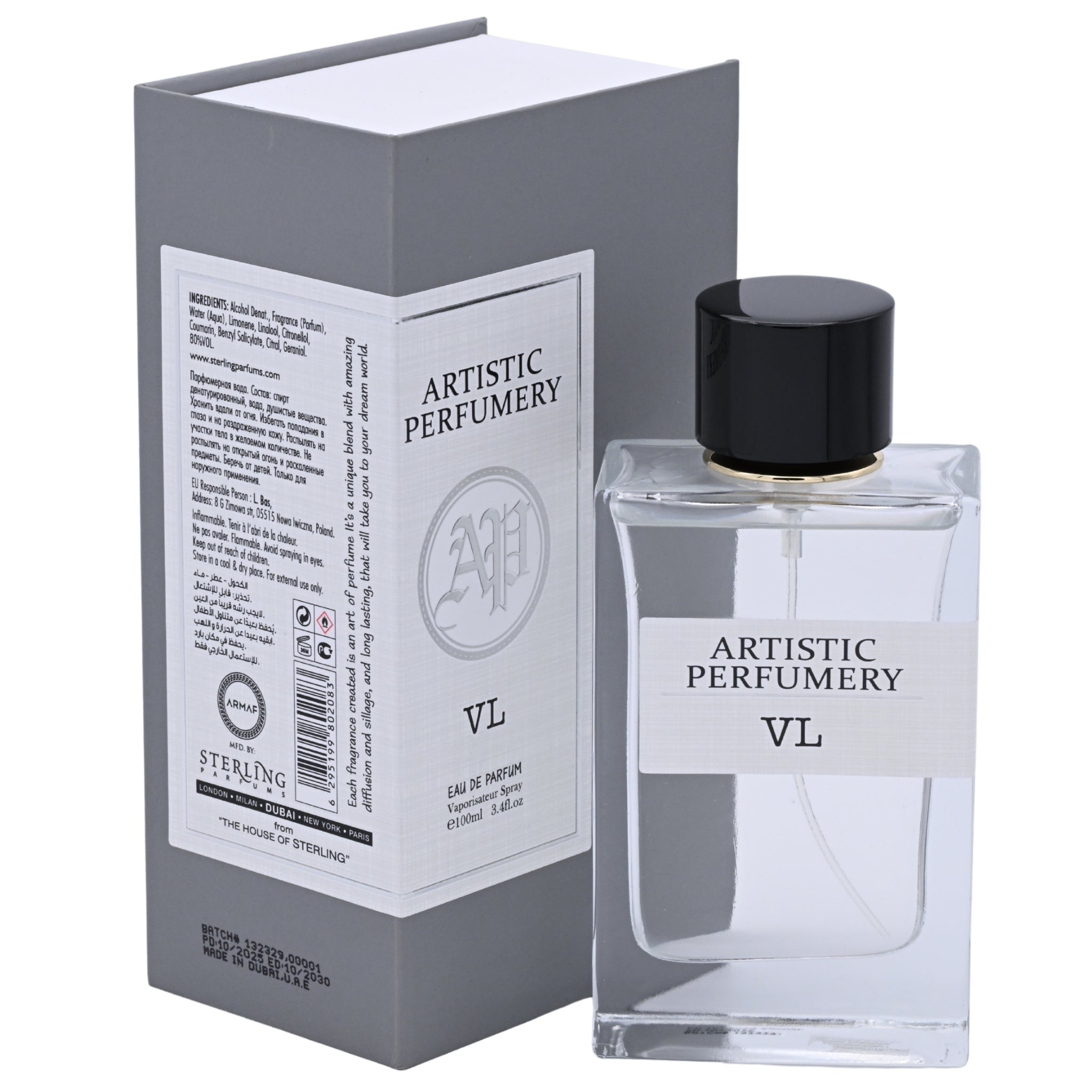 Perfume bottle and packaging with 'Artistic Perfumery' branding on a white background