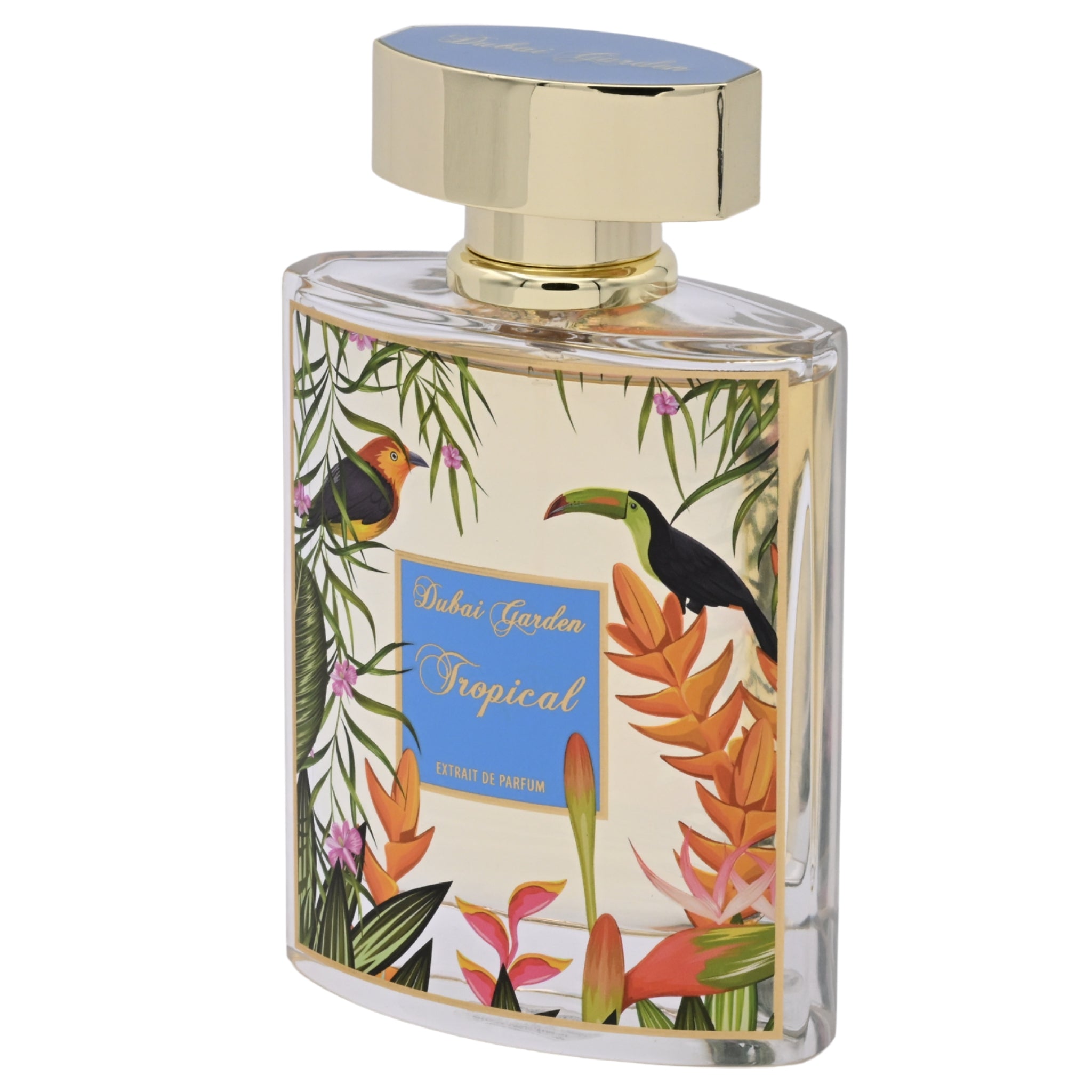Perfume bottle with tropical design and gold cap on a white background