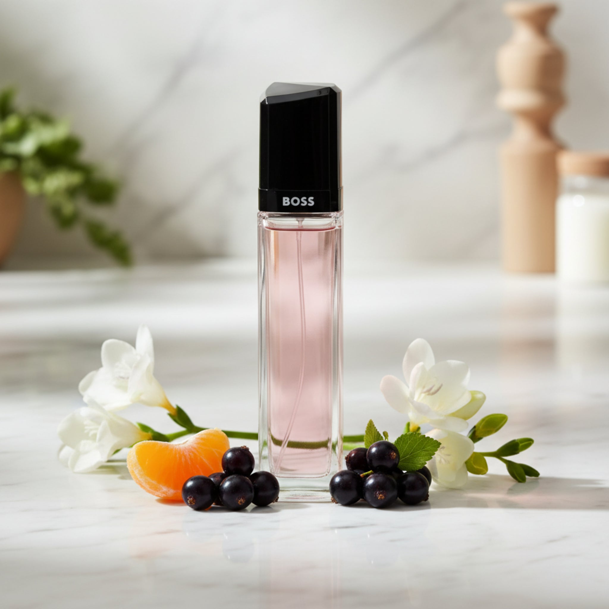 Perfume bottle with black cap and pink liquid on a white background