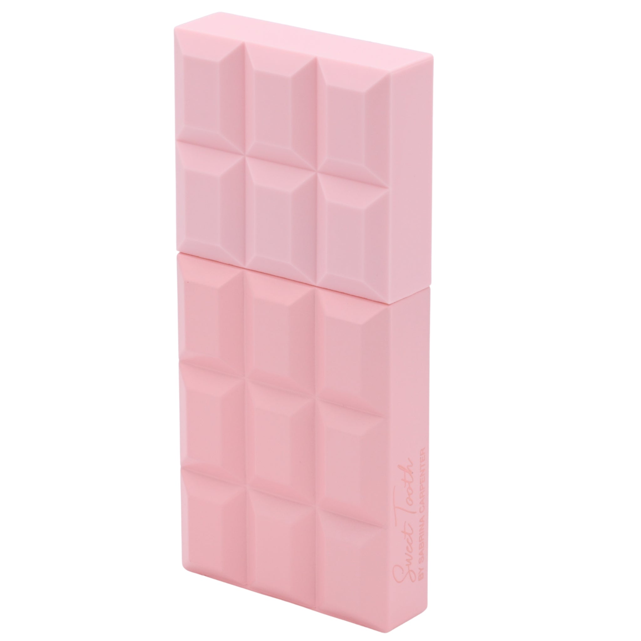Pink perfume bottle with geometric pattern on a white background