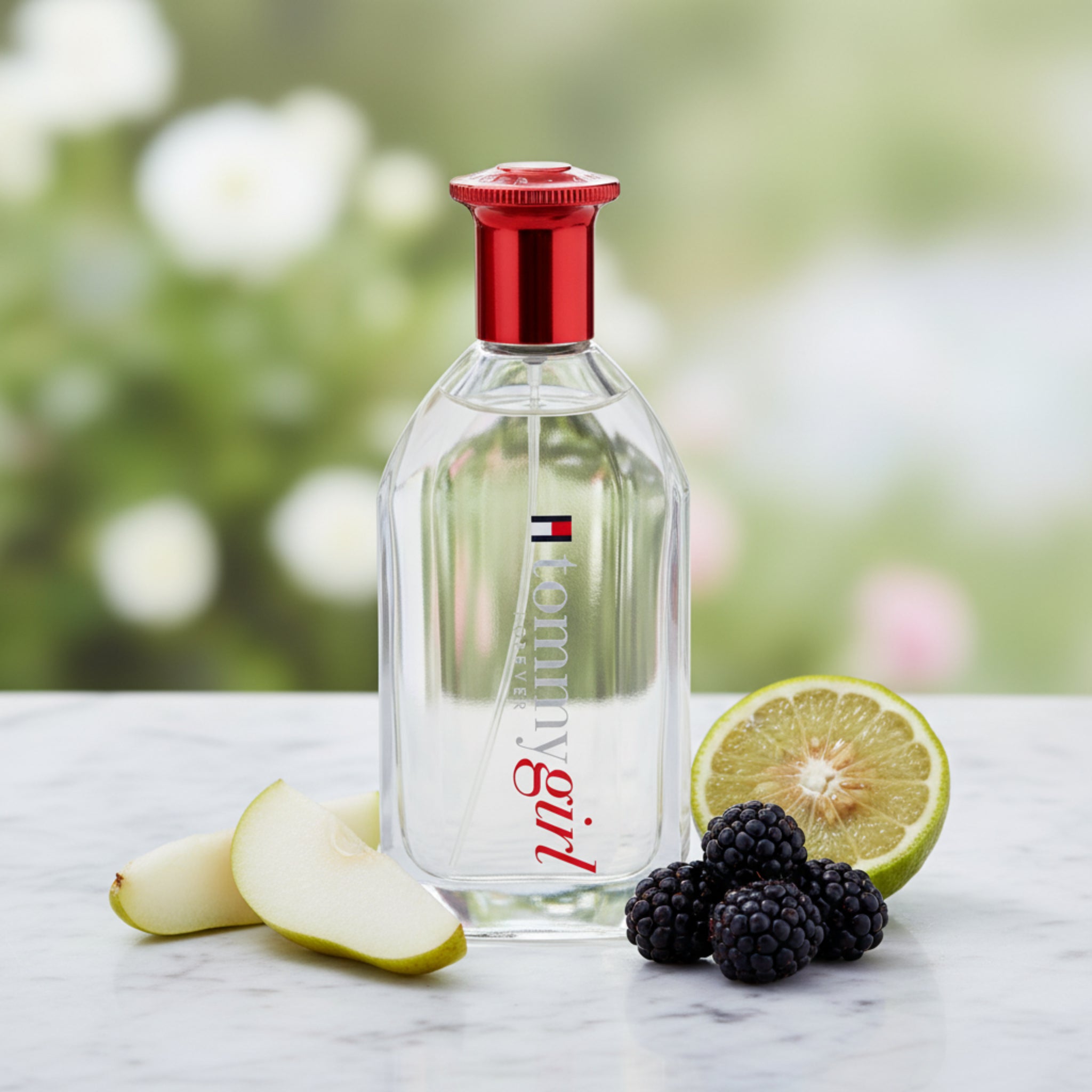 Tommy Hilfiger Tommy Girl perfume bottle with red cap on a white background