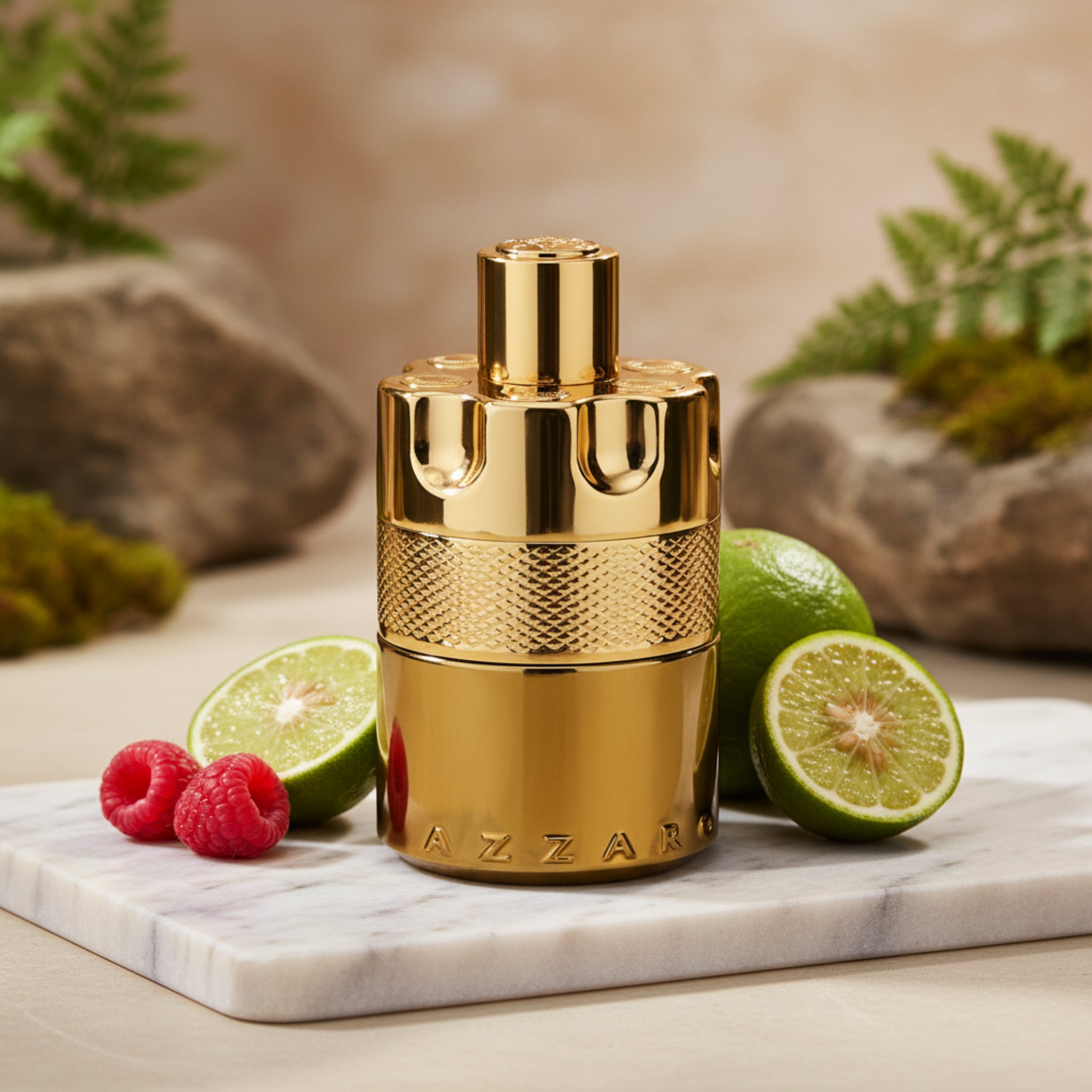 Gold perfume bottle with 'Azzaro' branding on a white background