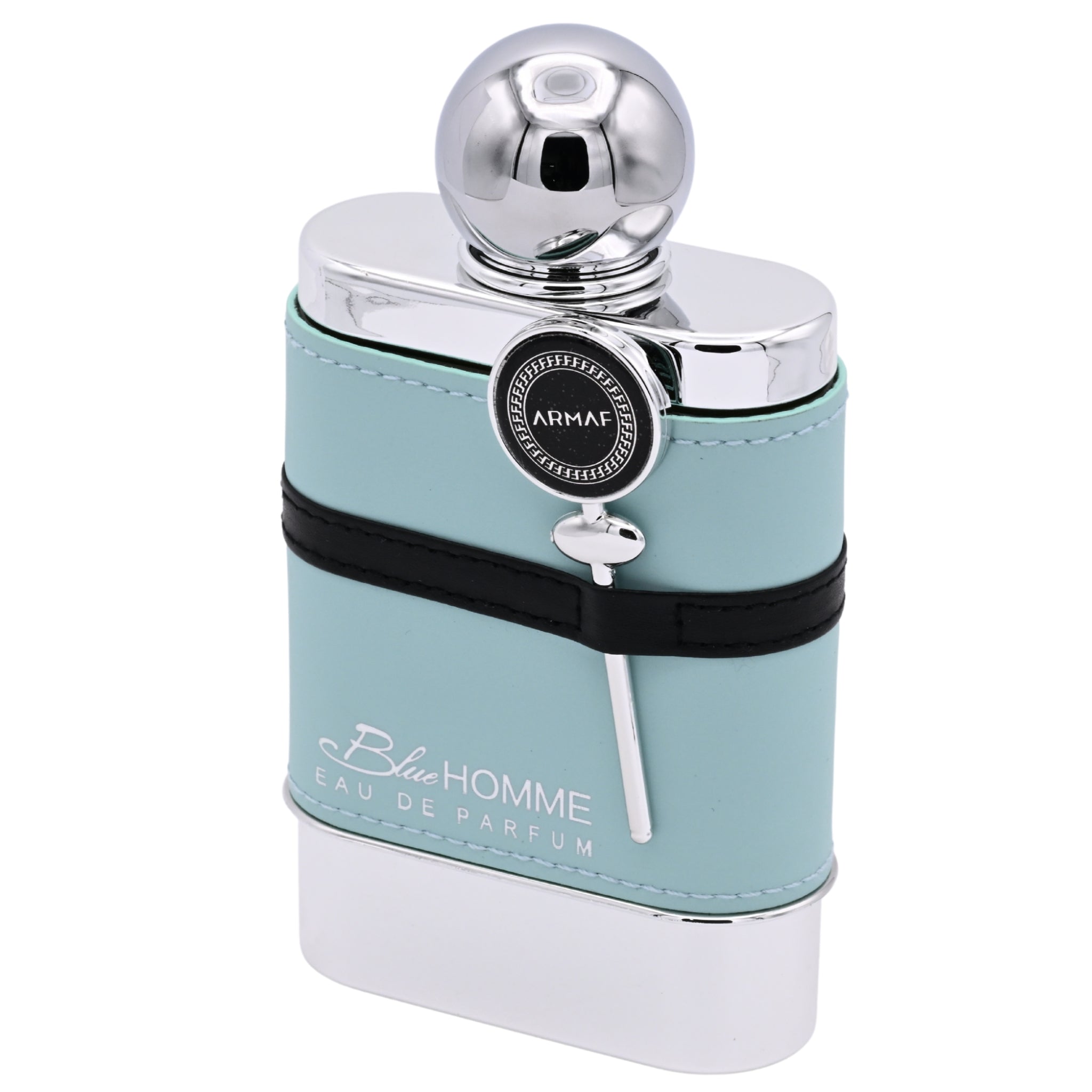 Perfume bottle with silver cap and light blue body on a white background