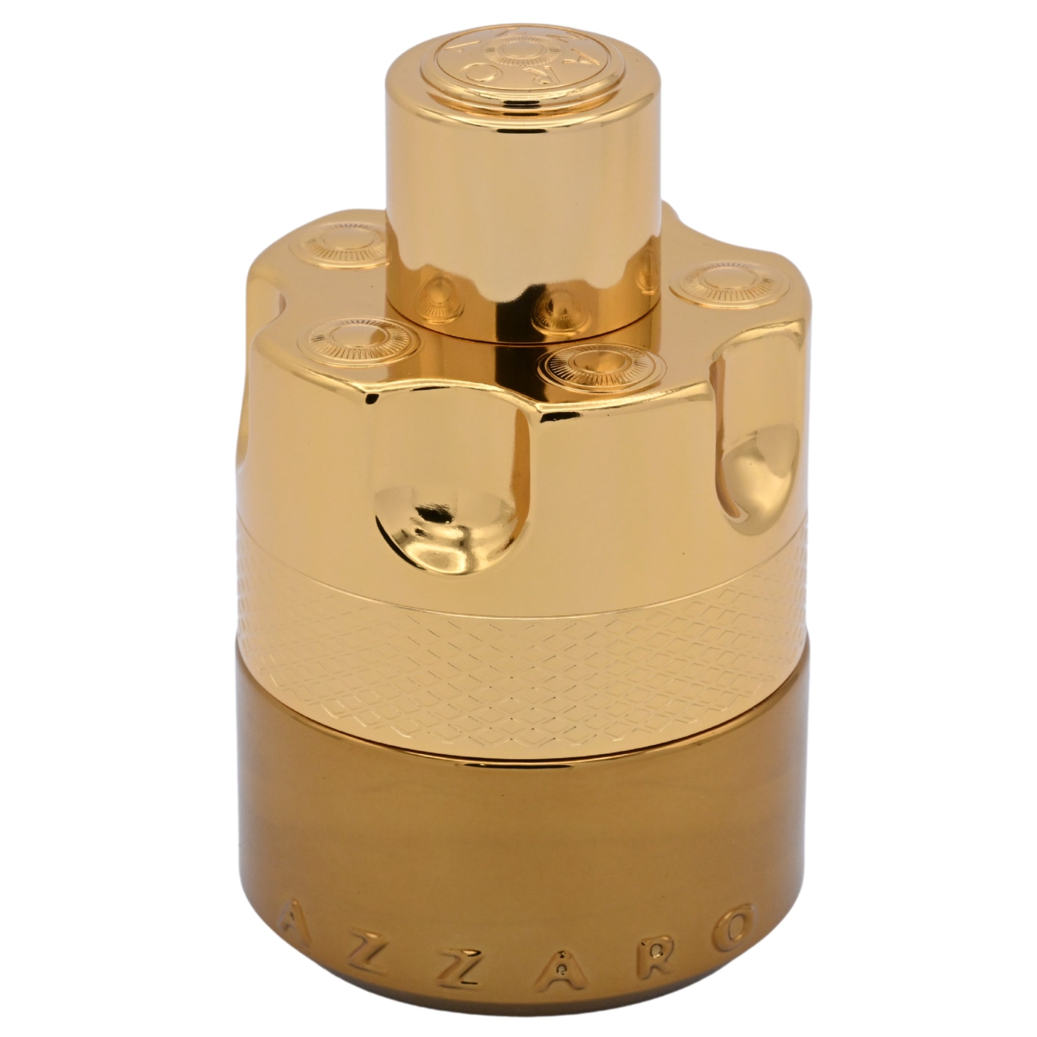 Gold perfume bottle with a white background