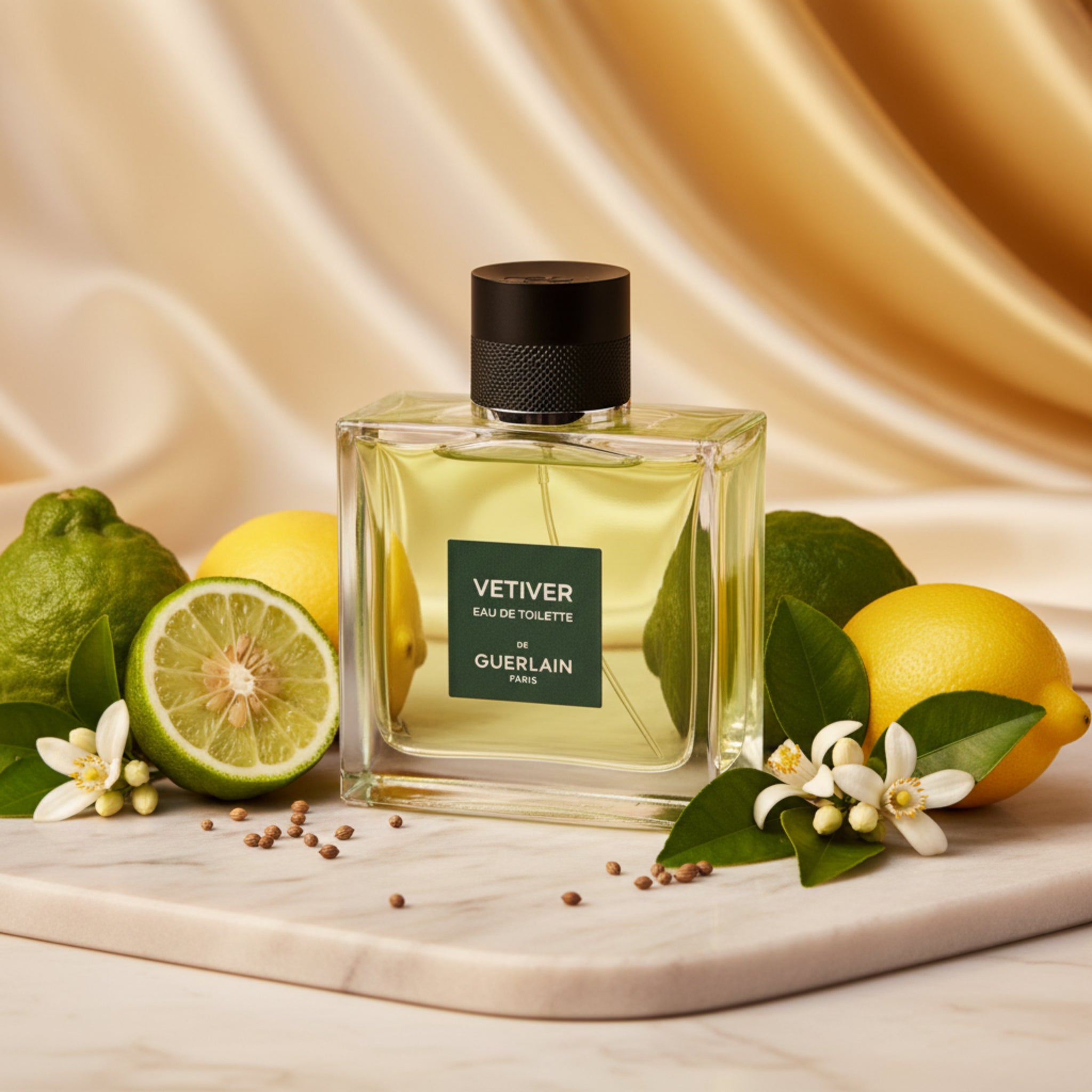 Guerlain Vetiver Eau de Toilette bottle on a white background