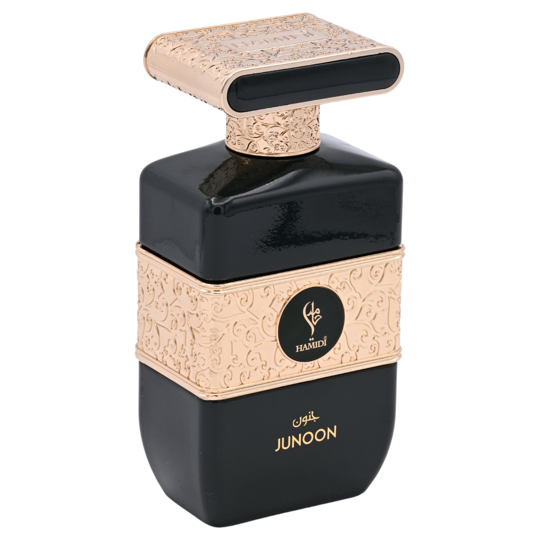 Black perfume bottle with gold accents on a white background