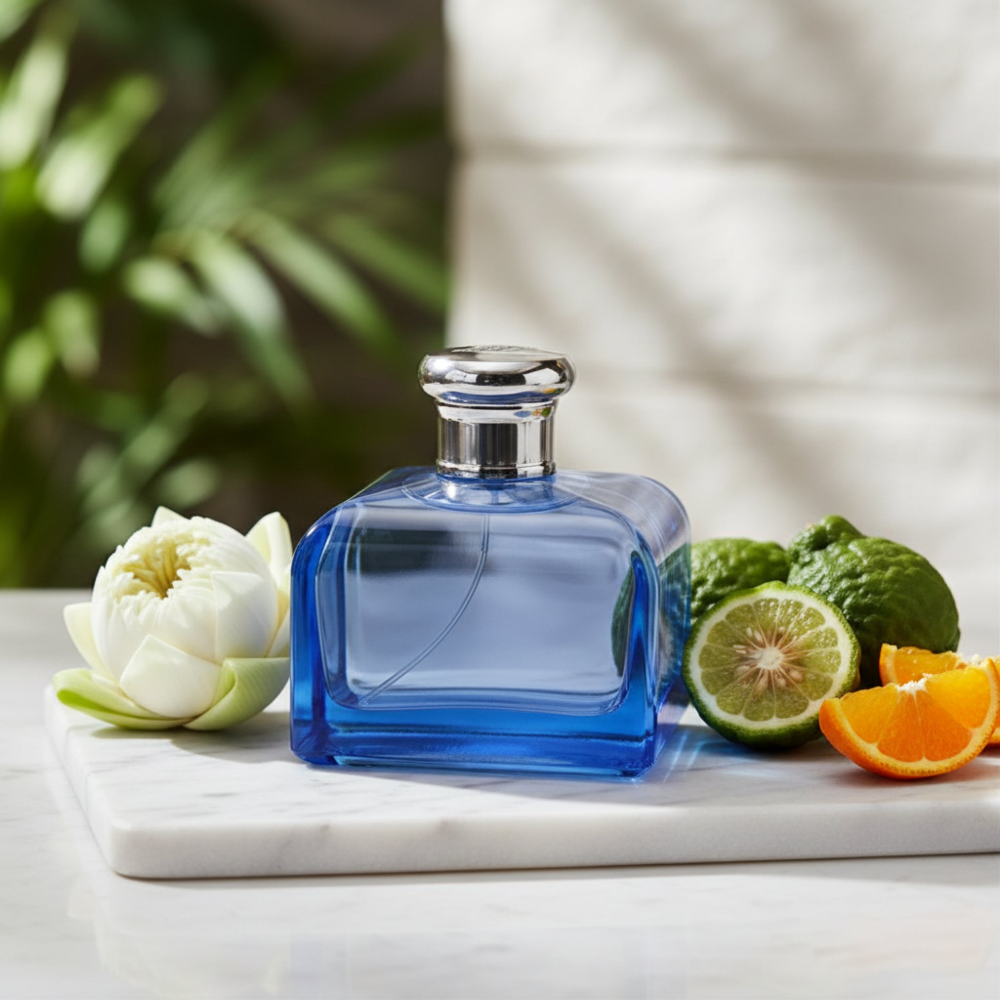 Blue perfume bottle on a marble surface with fruits and flowers