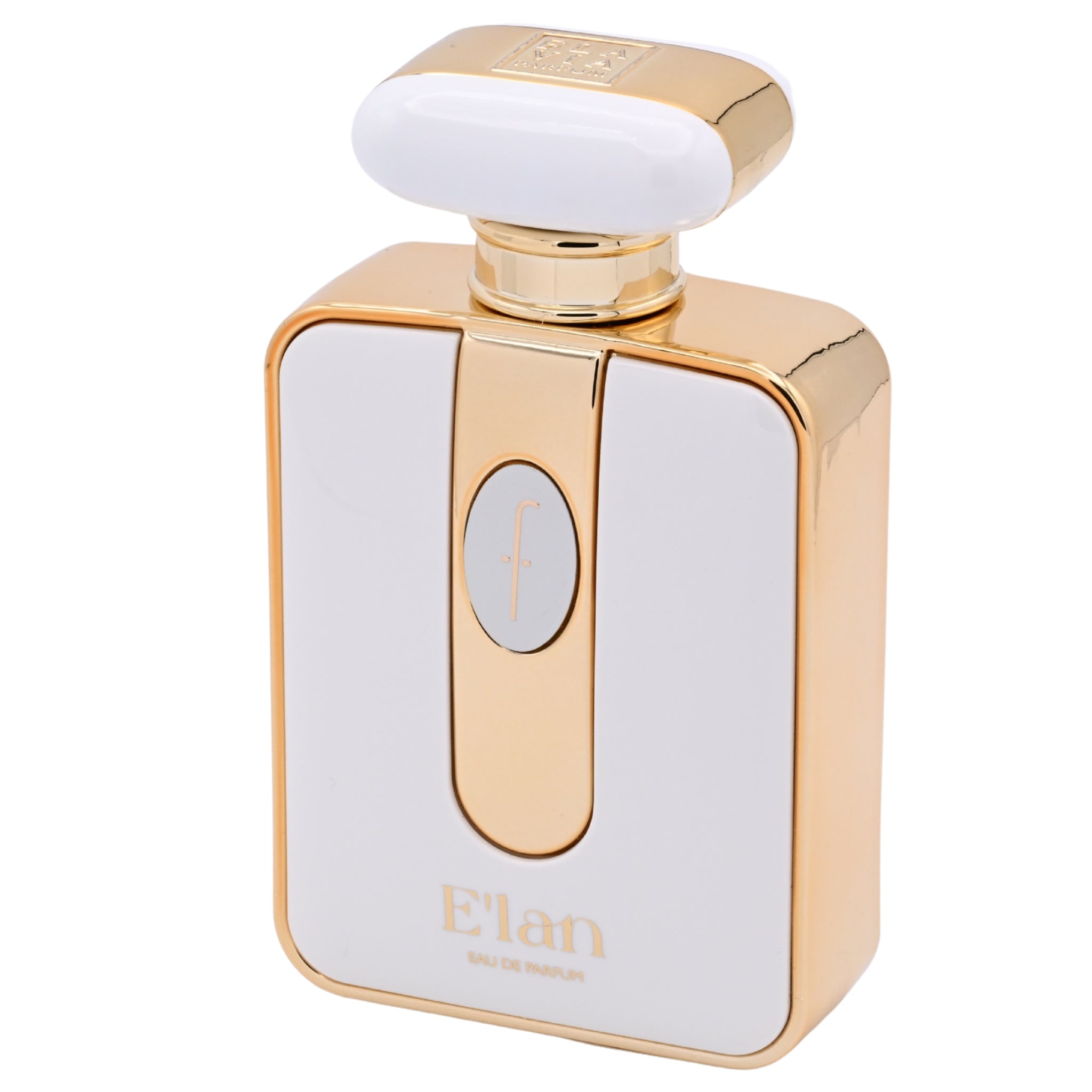 Gold and white perfume bottle with 'Elan' branding on a white background