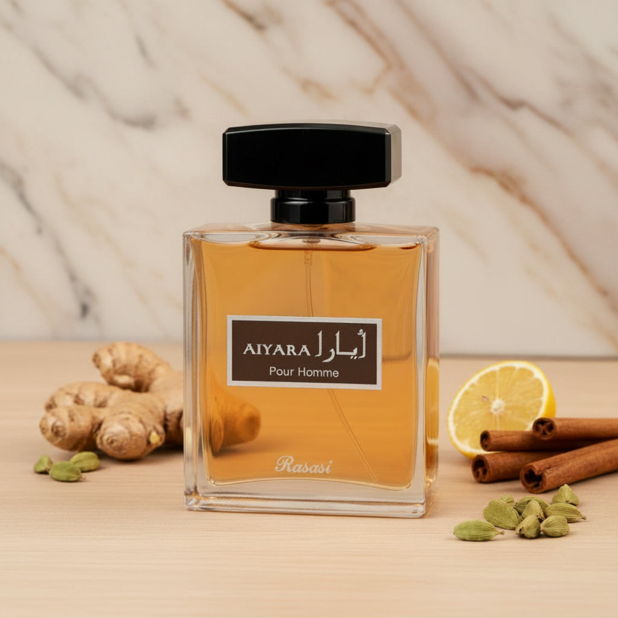 Perfume bottle labeled 'AIYARA' with spices and citrus on a wooden surface