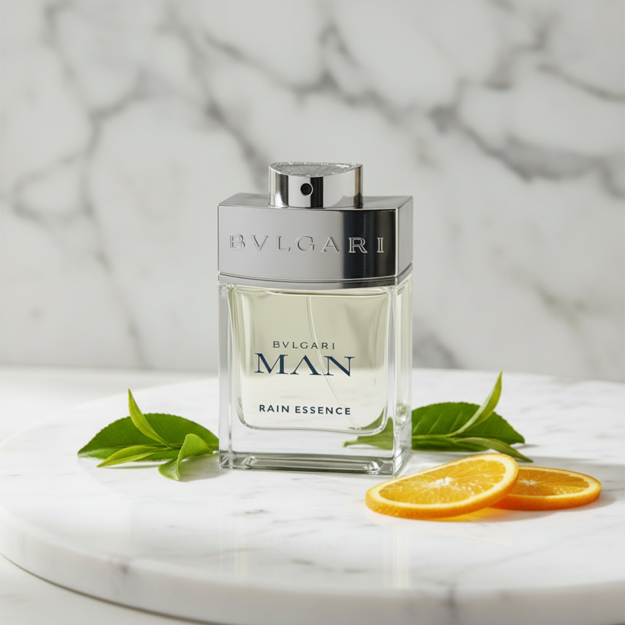 Bvlgari Man Rain Essence perfume bottle on a white background