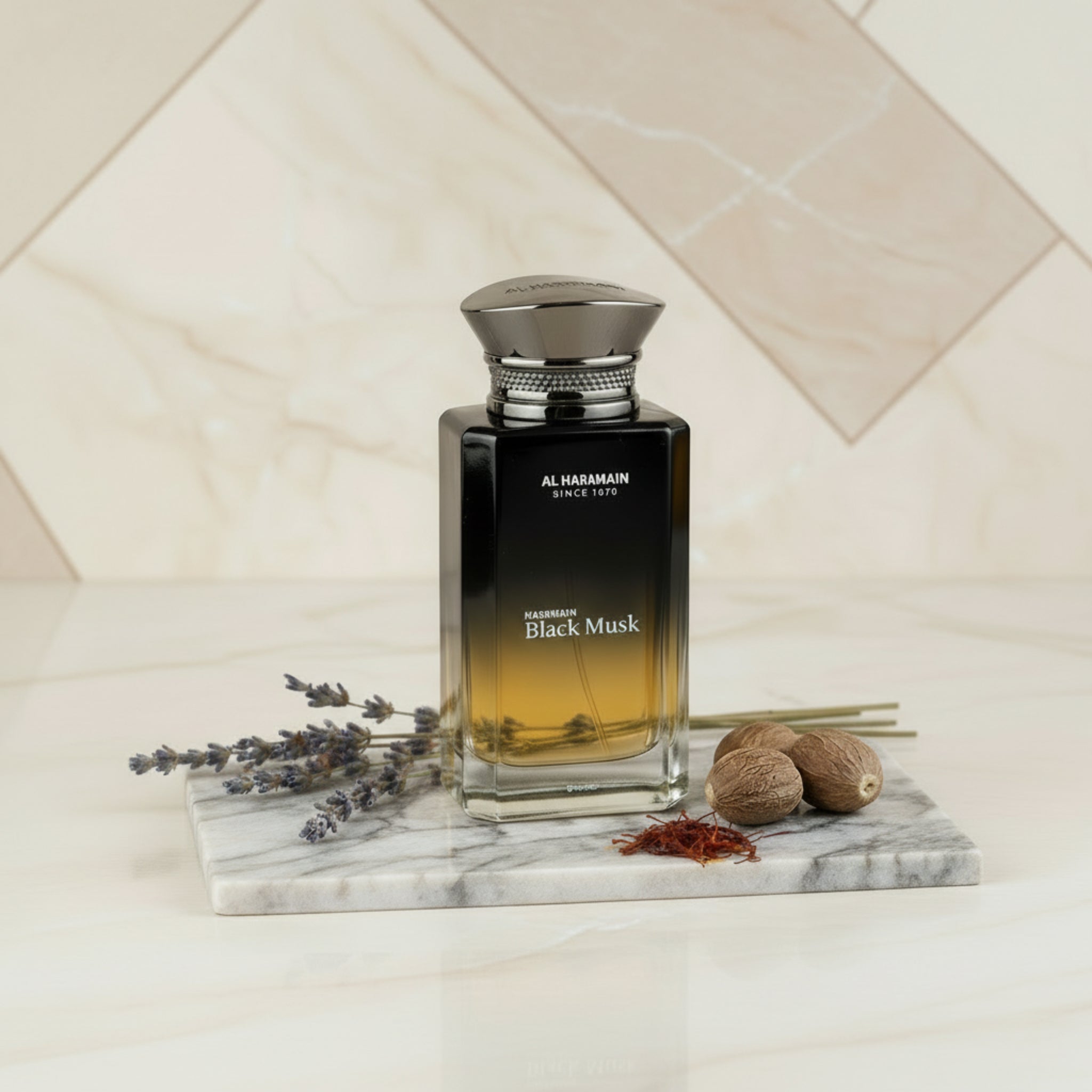 Al Haramain Black Musk perfume bottle on a white background