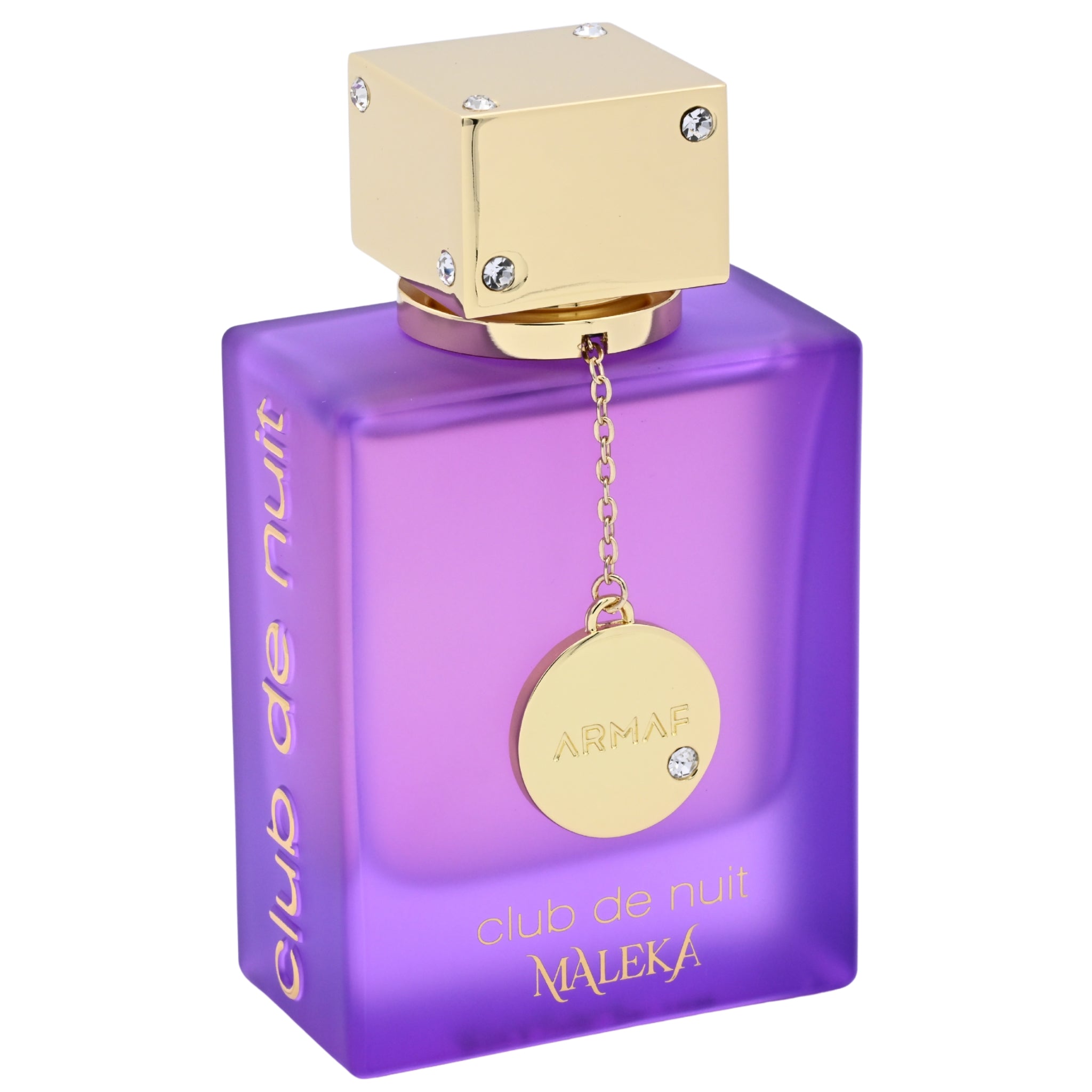Purple perfume bottle with gold cap and 'Maleka' branding on a white background