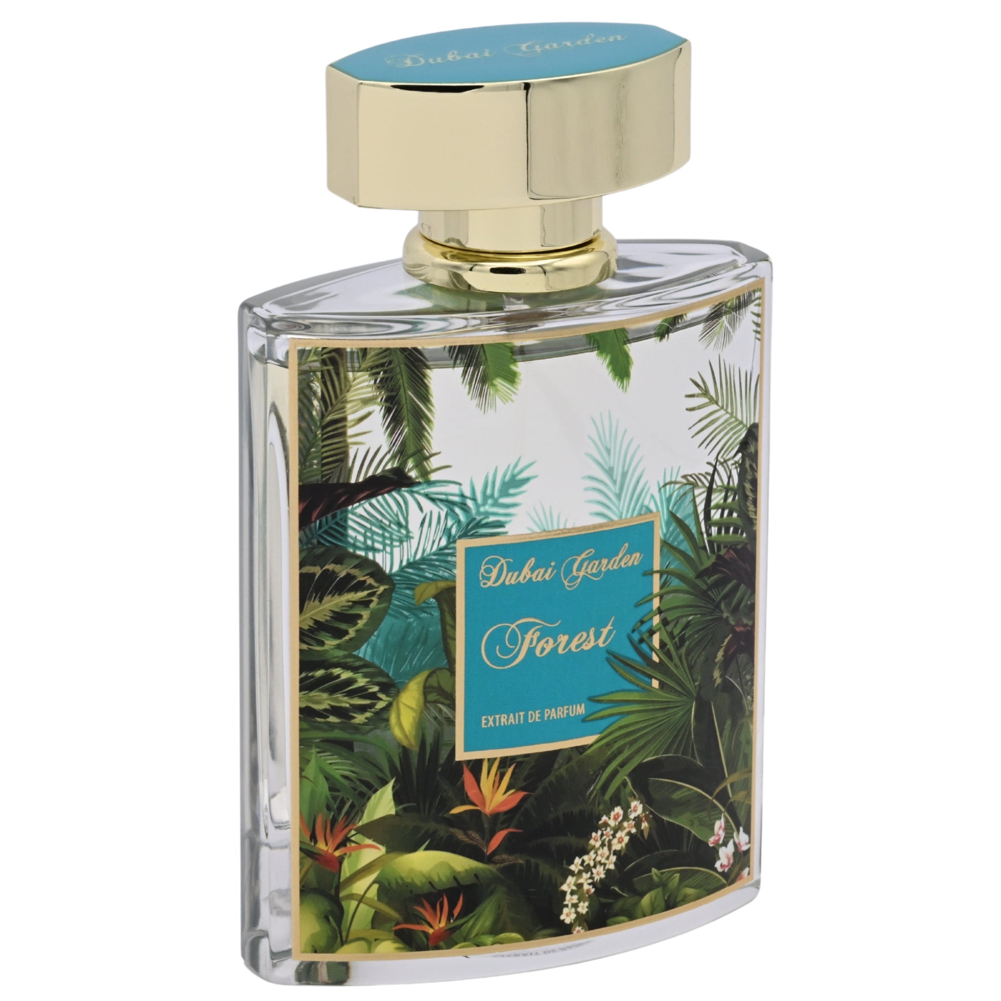 Perfume bottle with tropical design and gold cap on a white background