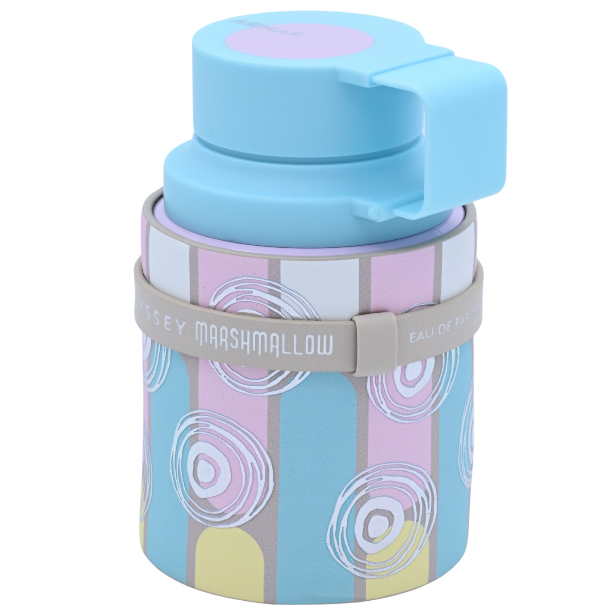 Colorful thermos with a patterned design on a white background