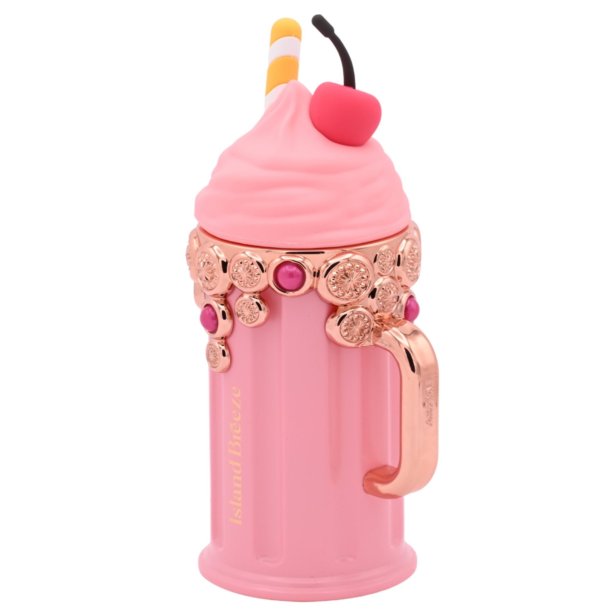 Pink dessert-shaped perfume bottle with 'Island Breeze' label packaging on a white background