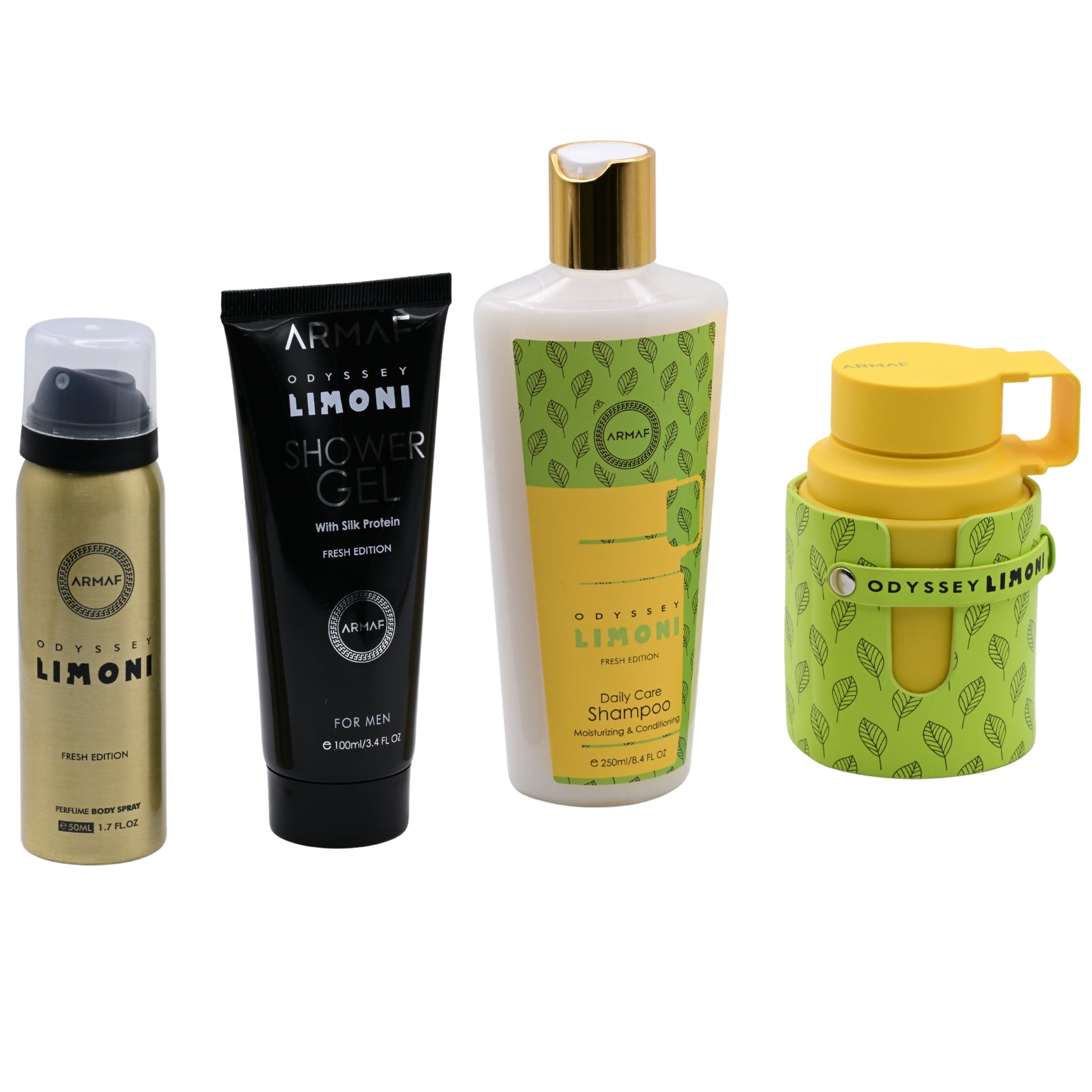 Set of Armaf Odyssey Limoni skincare and hair care products on a white background