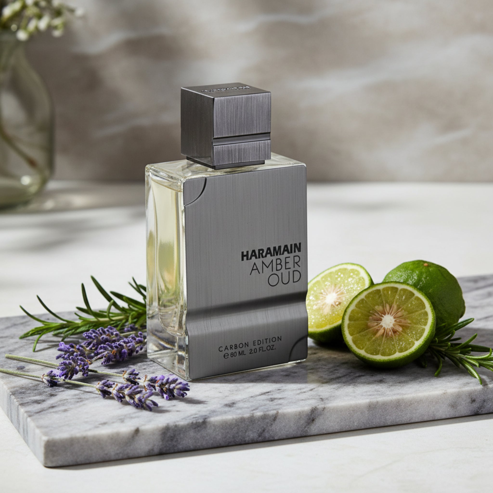 Haramain Amber Oud perfume bottle on a white background