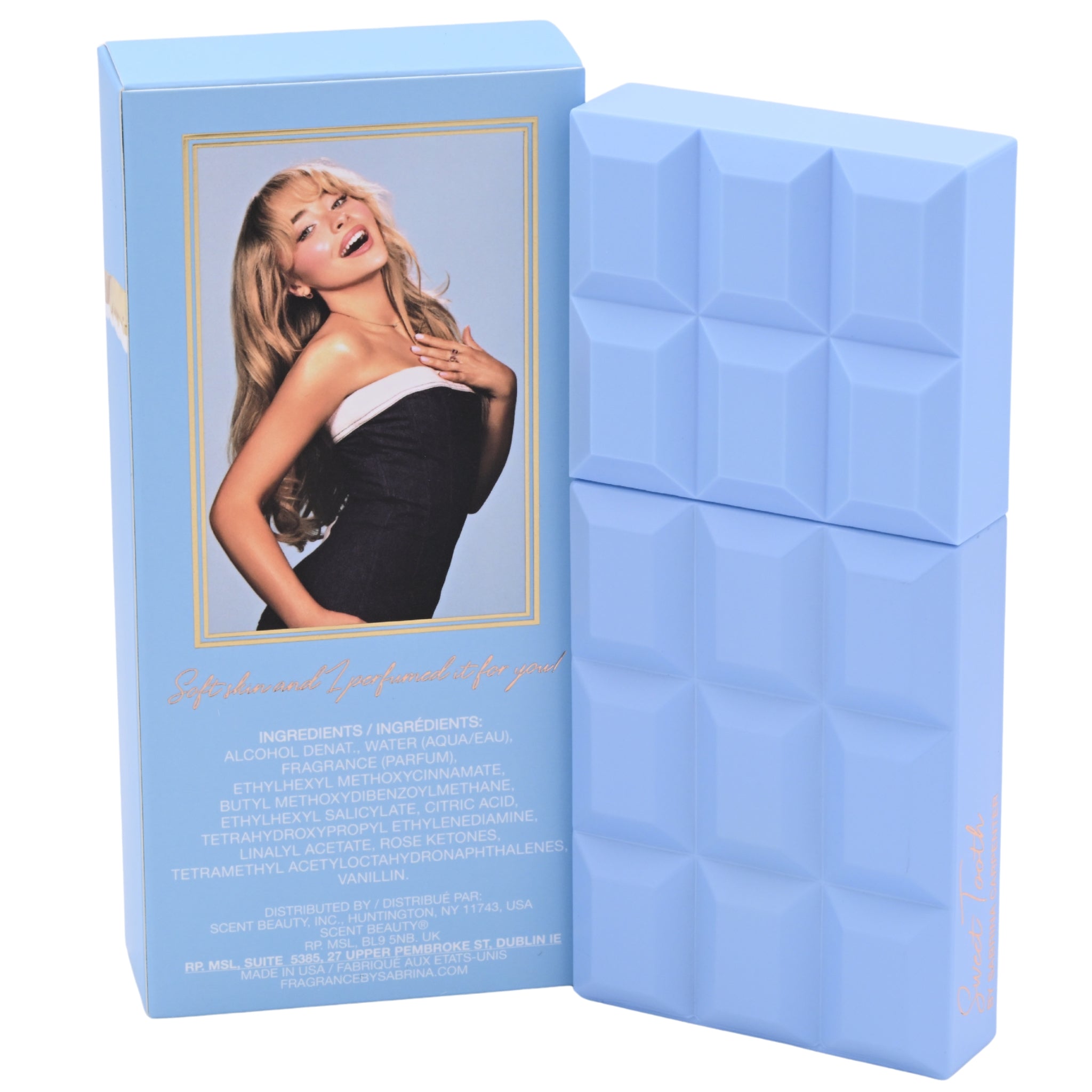 Blue perfume box with a woman's portrait and text on a white background