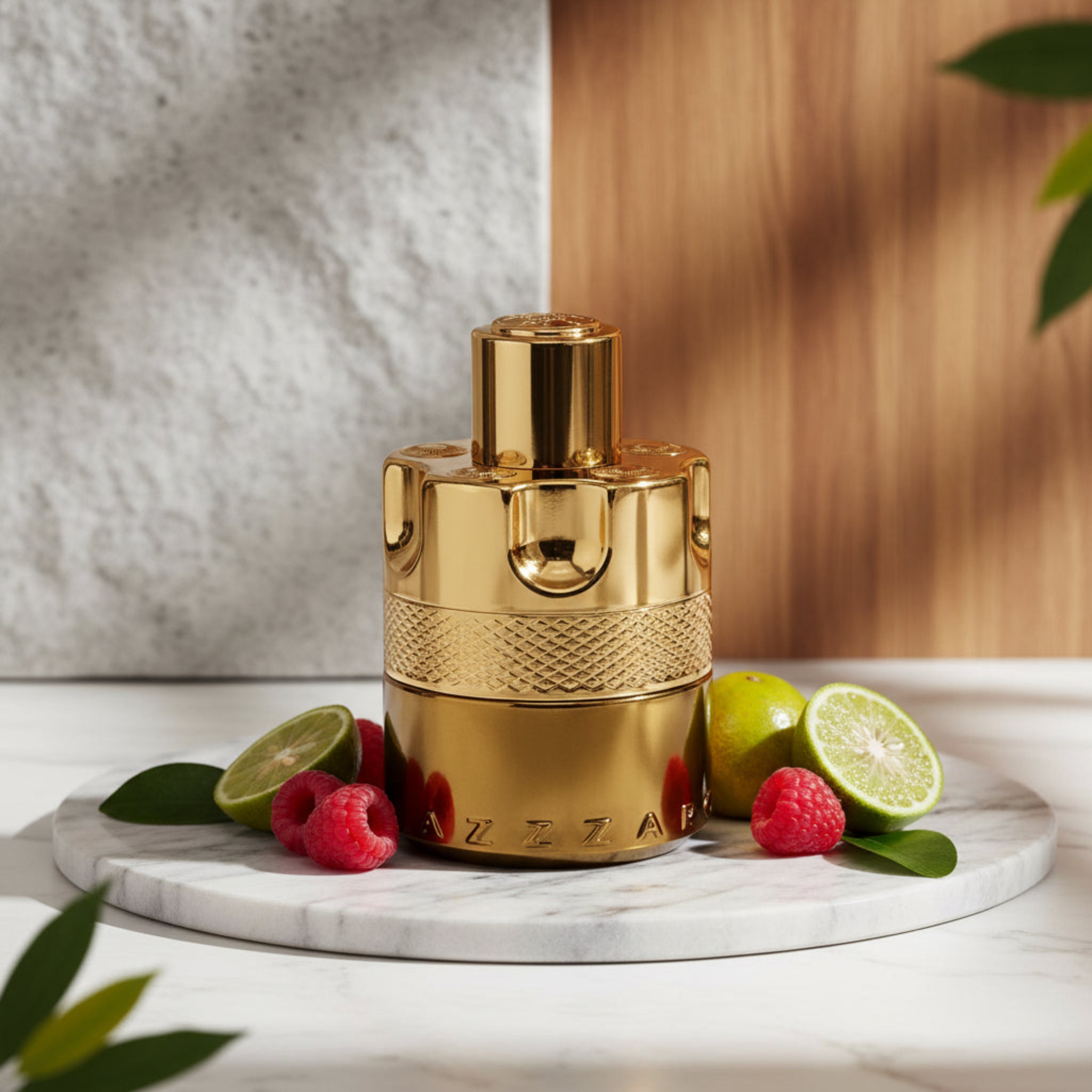 Gold perfume bottle on a marble surface with limes and raspberries