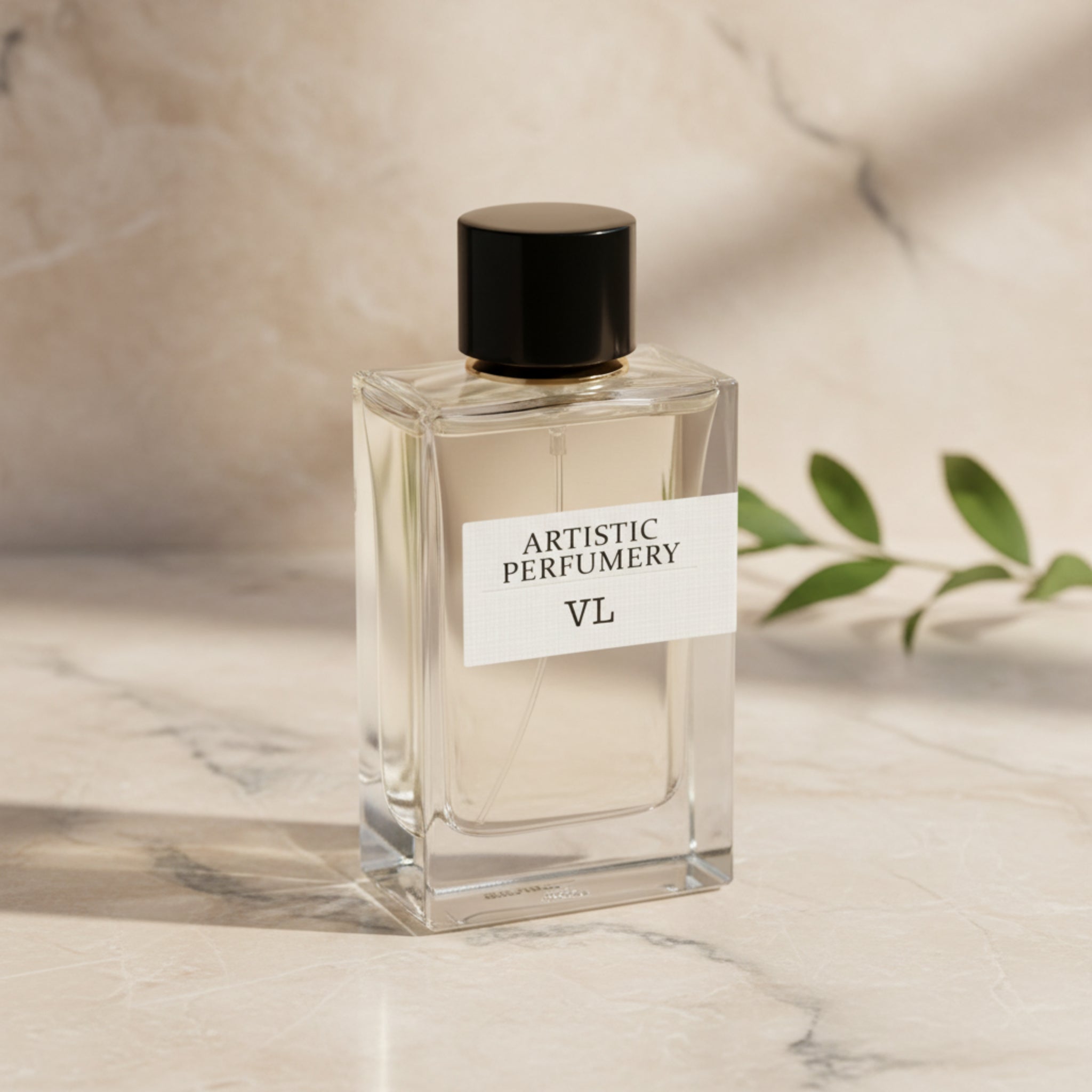Clear perfume bottle with black cap on a white background, featuring 'Artistic Perfumery VL' branding.