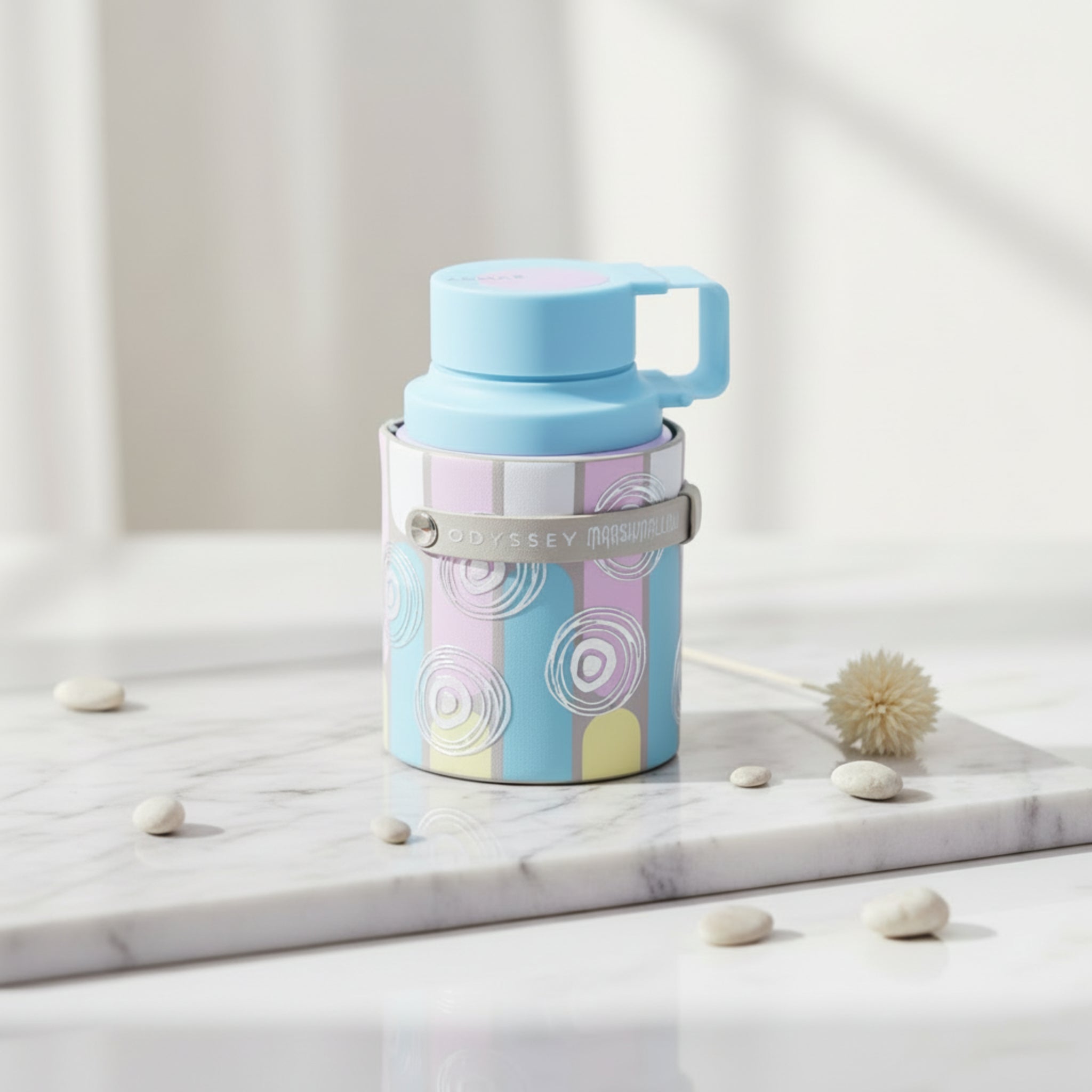 Colorful thermos with a patterned sleeve on a white background