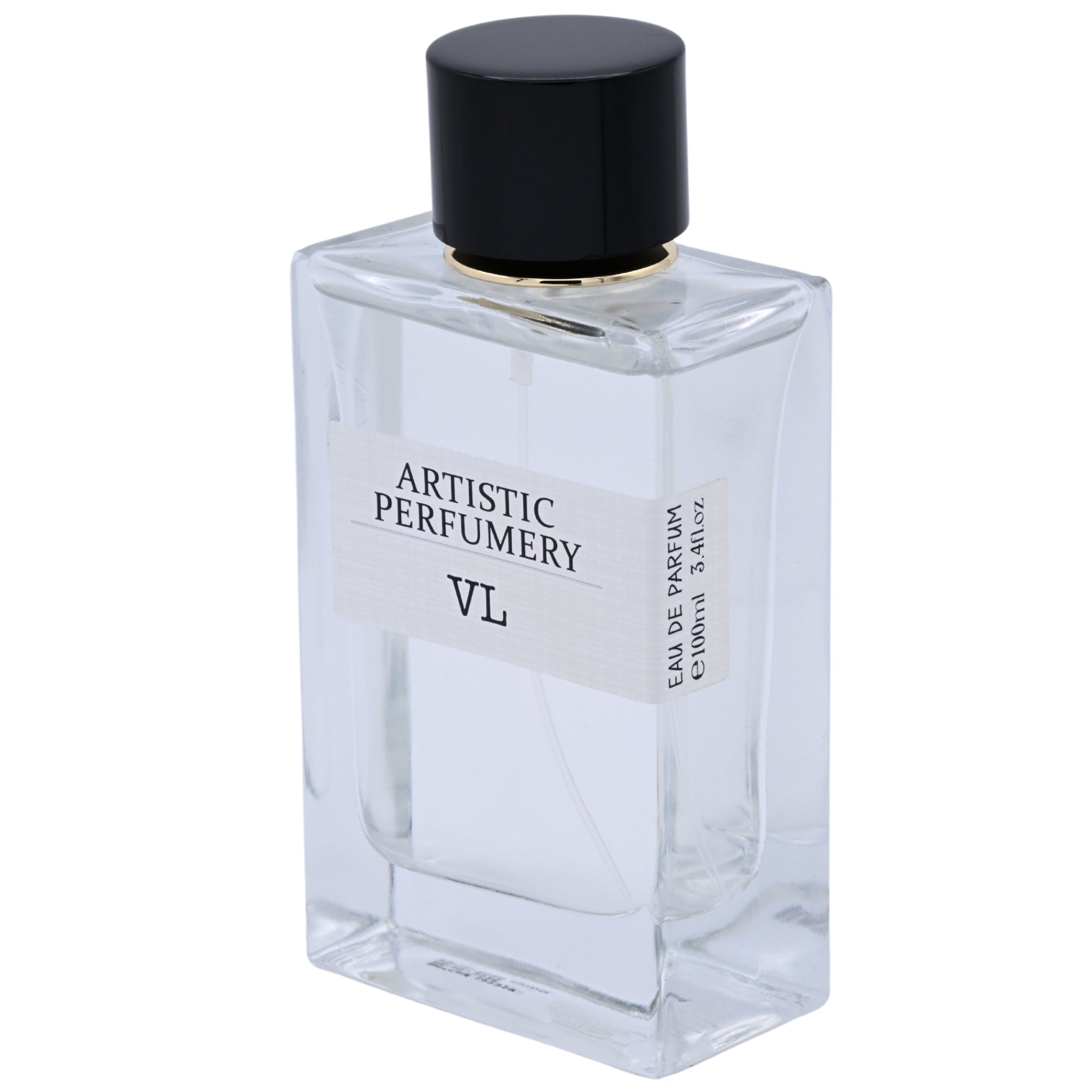 Clear perfume bottle with black cap labeled 'Artistic Perfumery VL' on a white background