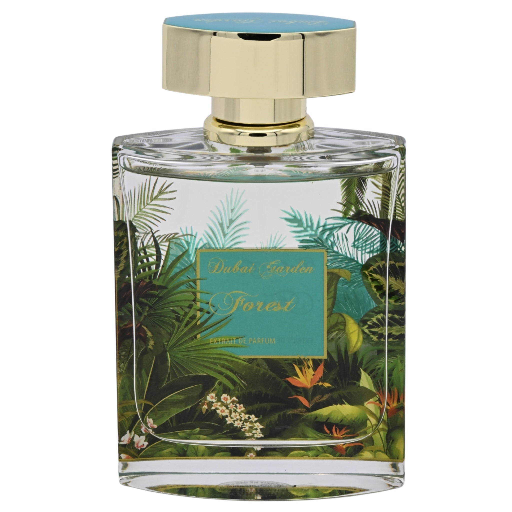 Perfume bottle with tropical design and gold cap on a white background