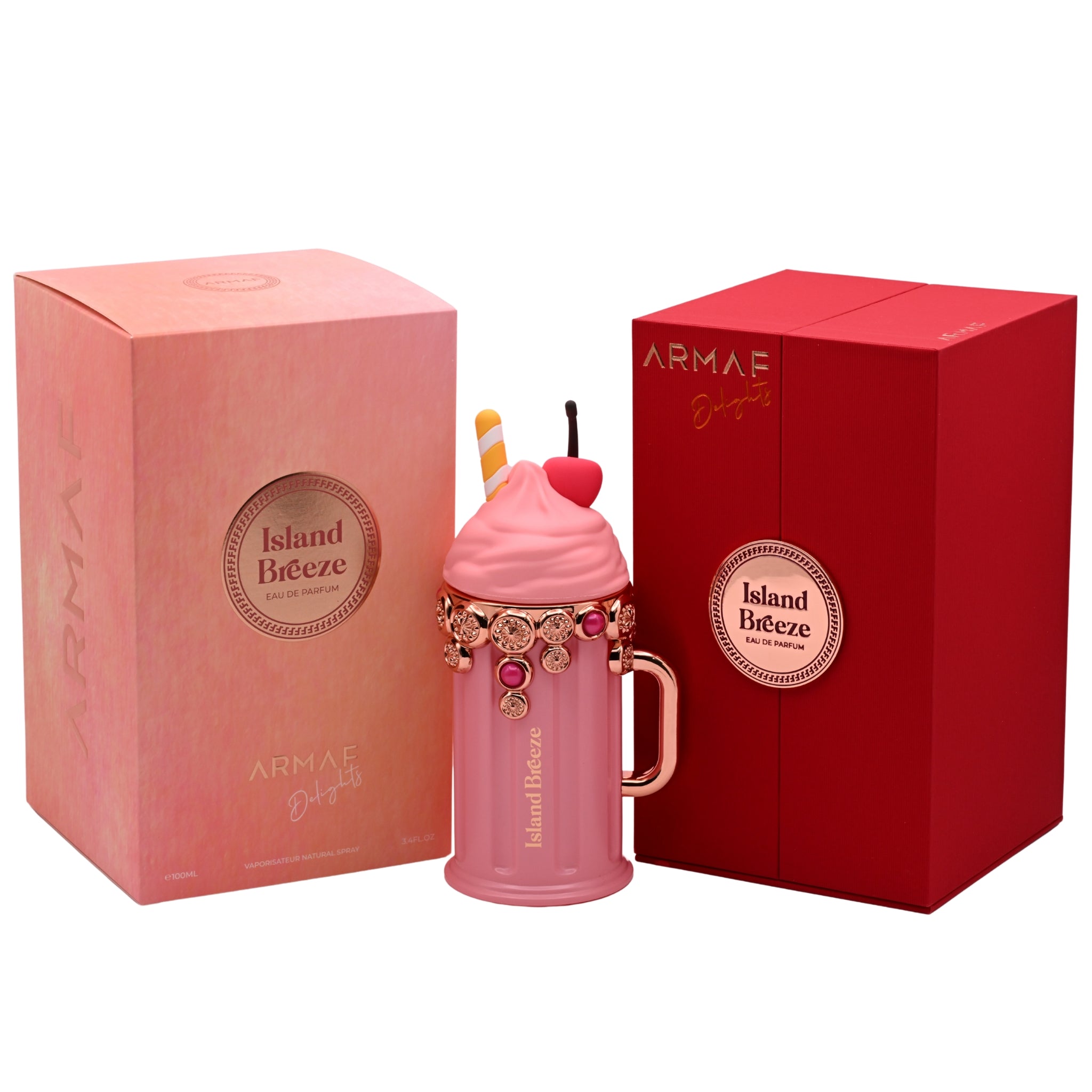 Pink and red perfume bottle with 'Island Breeze' and 'ARMAE' branding on a white background.