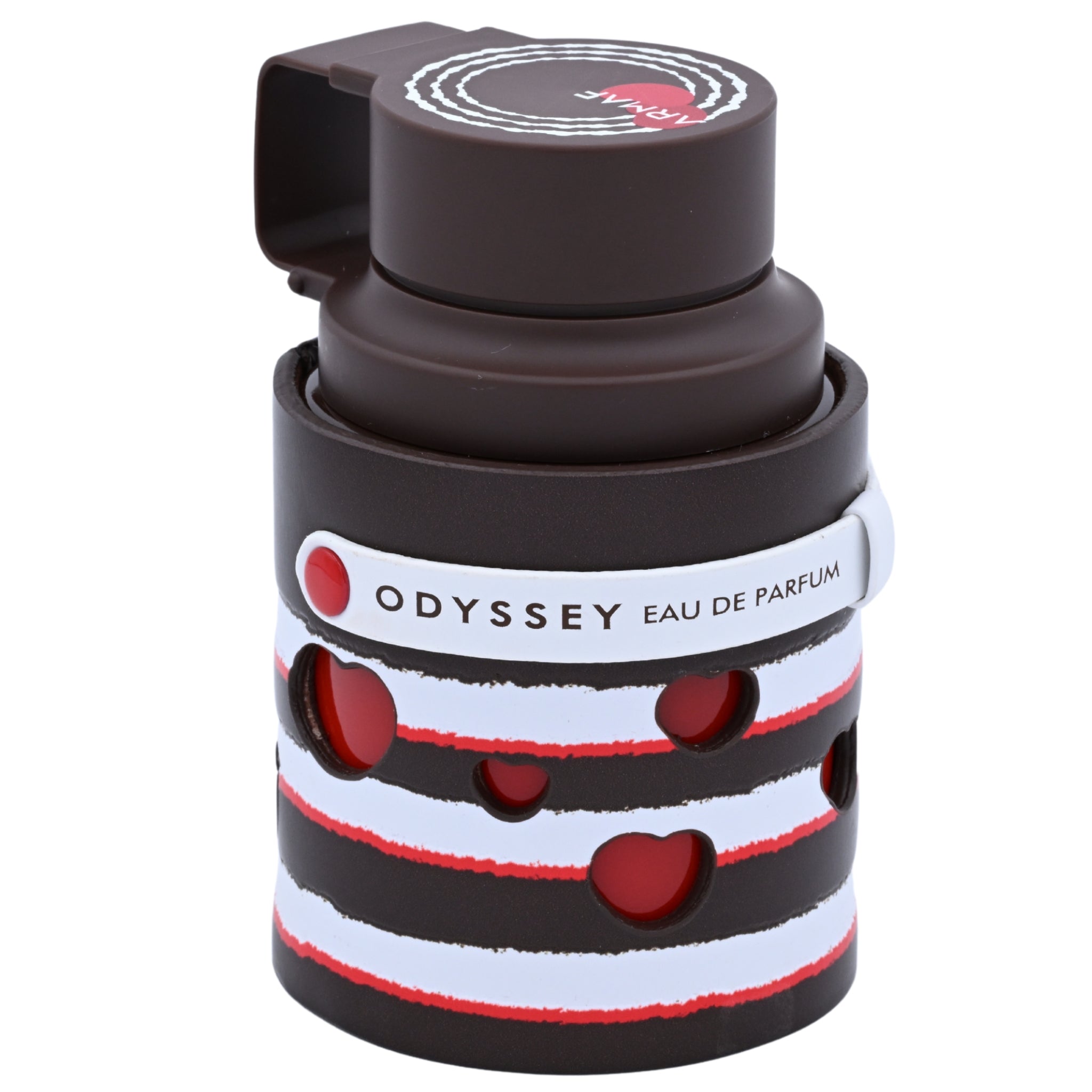 Odyssey Eau de Parfum bottle with black, white, and red design on a white background