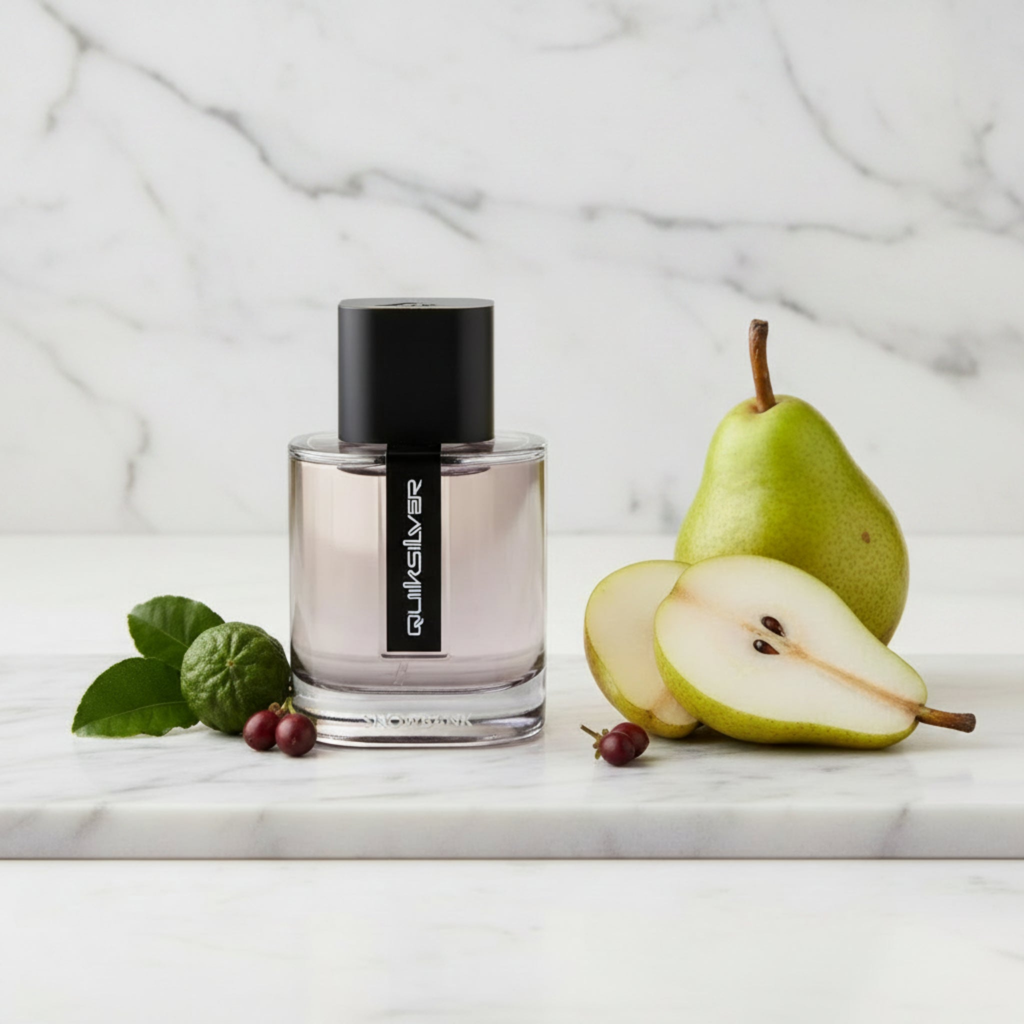 Clear perfume bottle with black cap and 'Quiksilver' branding on a white background