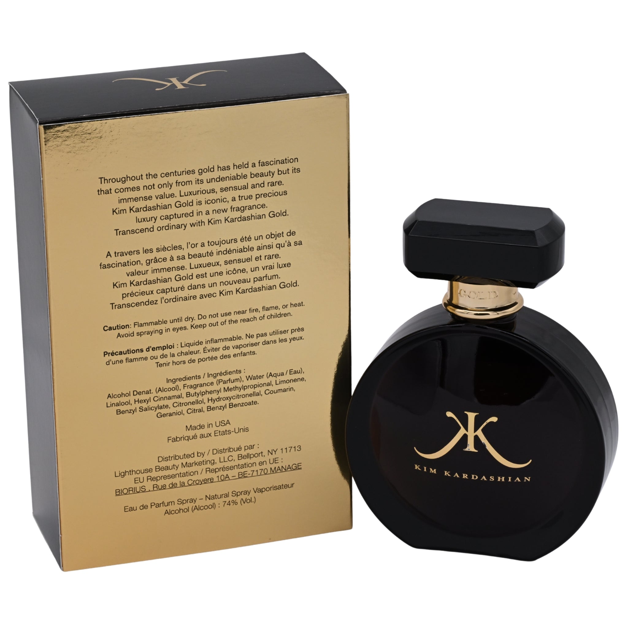 Kim Kardashian Gold perfume bottle and packaging on a white background