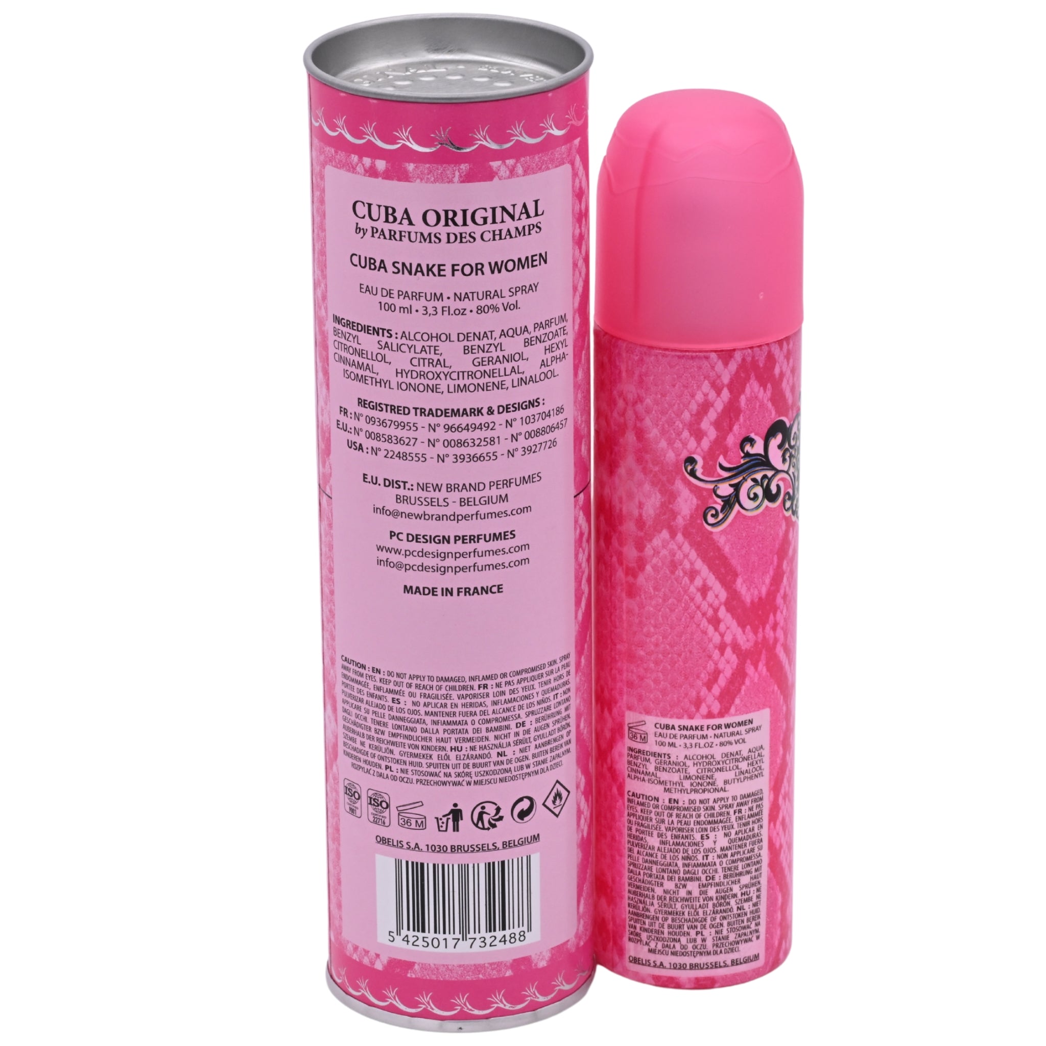 Pink perfume bottle with its packaging on a white background