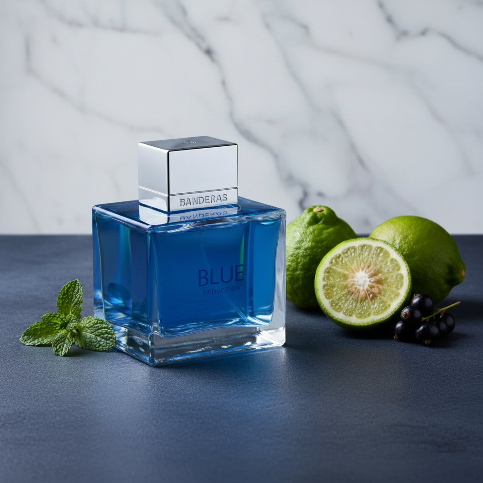 Blue perfume bottle labeled 'Blue Seduction' by Banderas on a white background