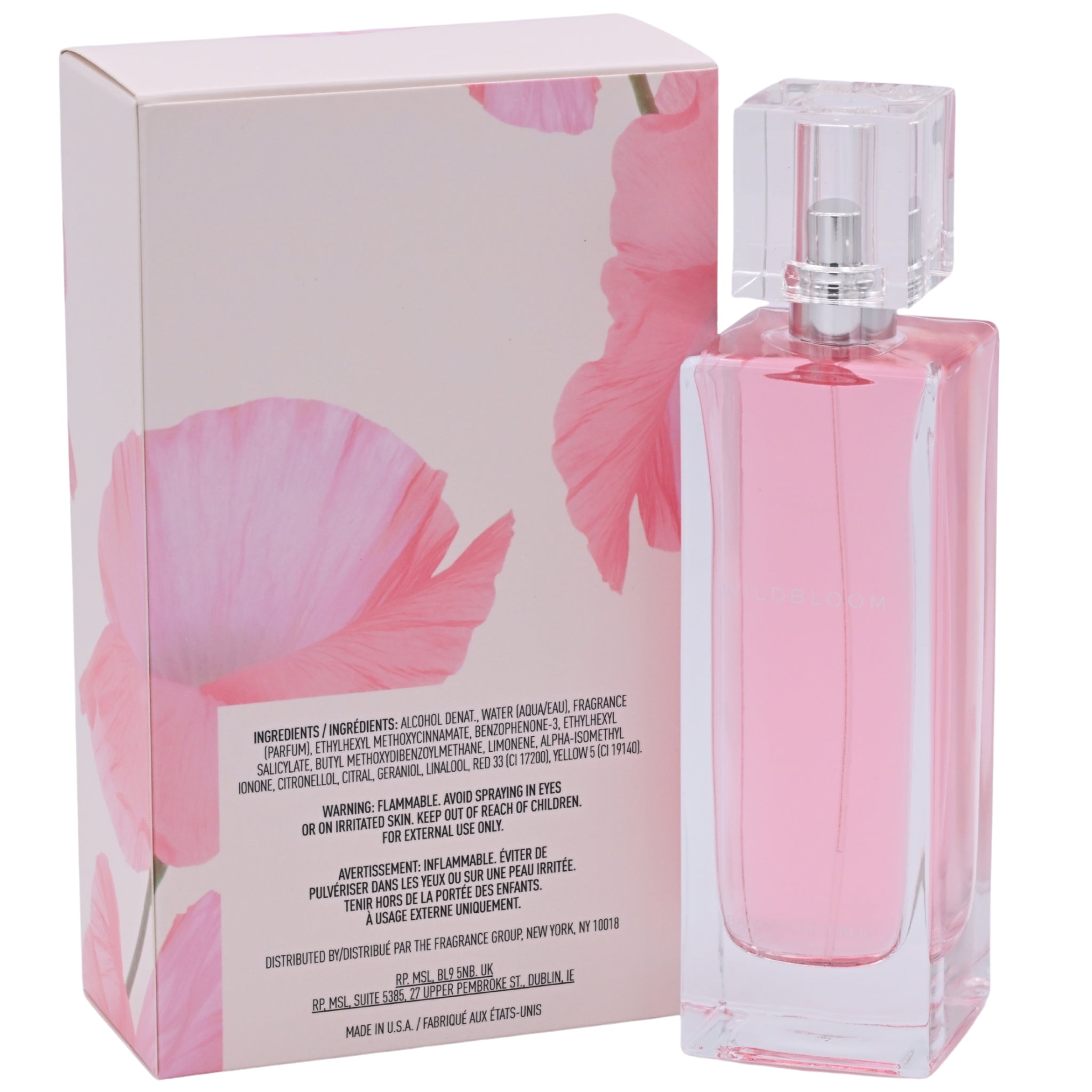 Pink perfume bottle and packaging with floral design on a white background