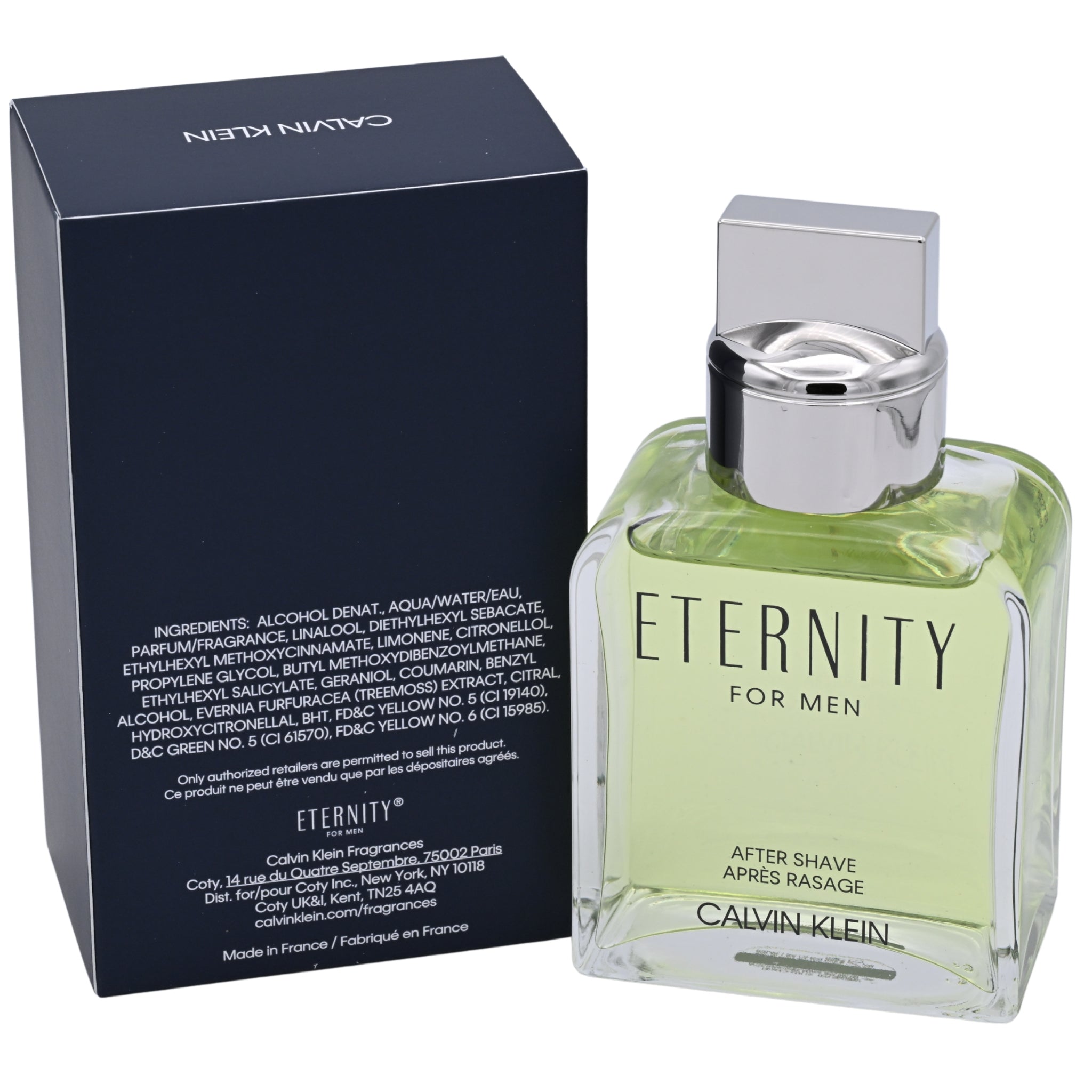 Calvin Klein Eternity for men after shave bottle and packaging on a white background