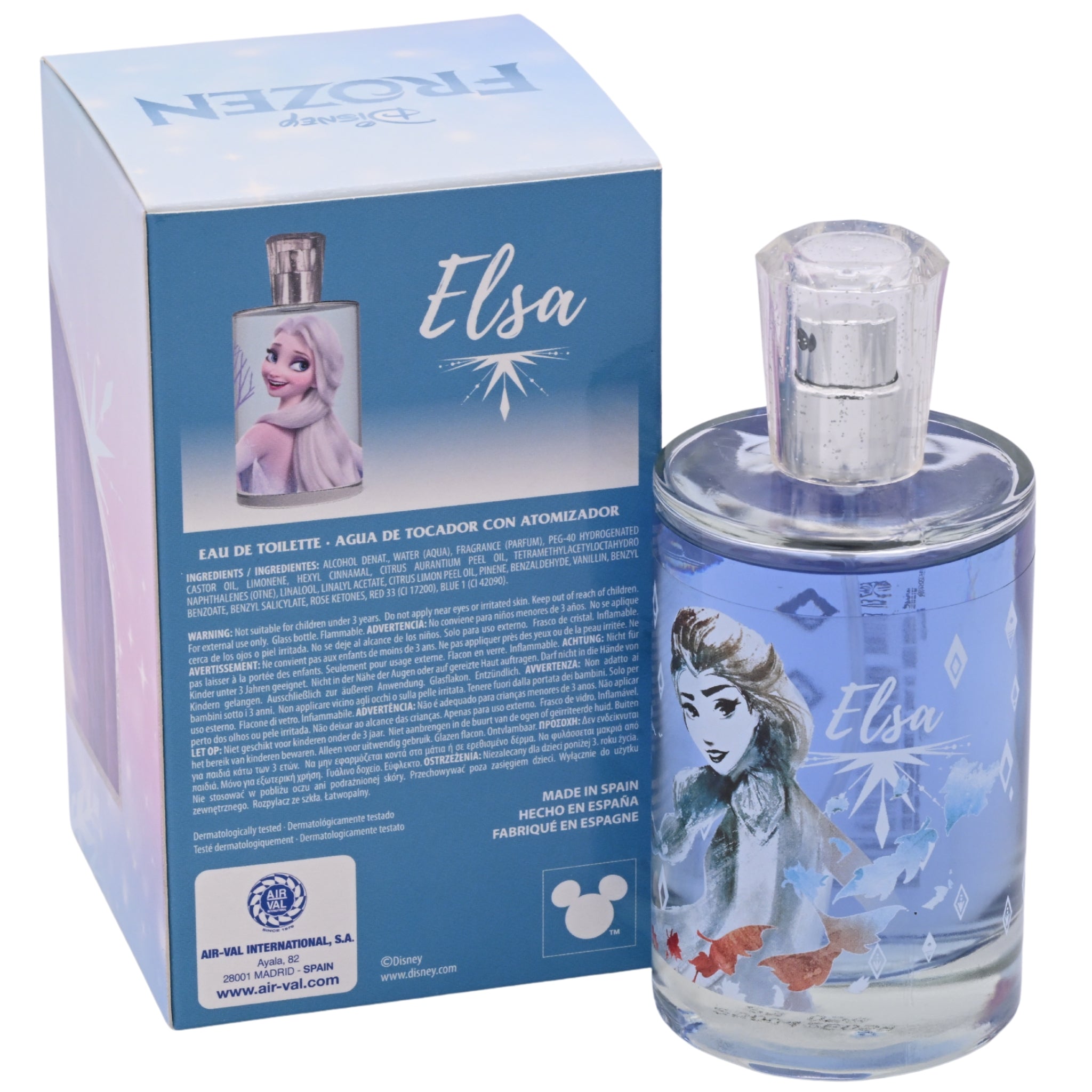 Elsa perfume bottle and packaging with Disney branding on a white background