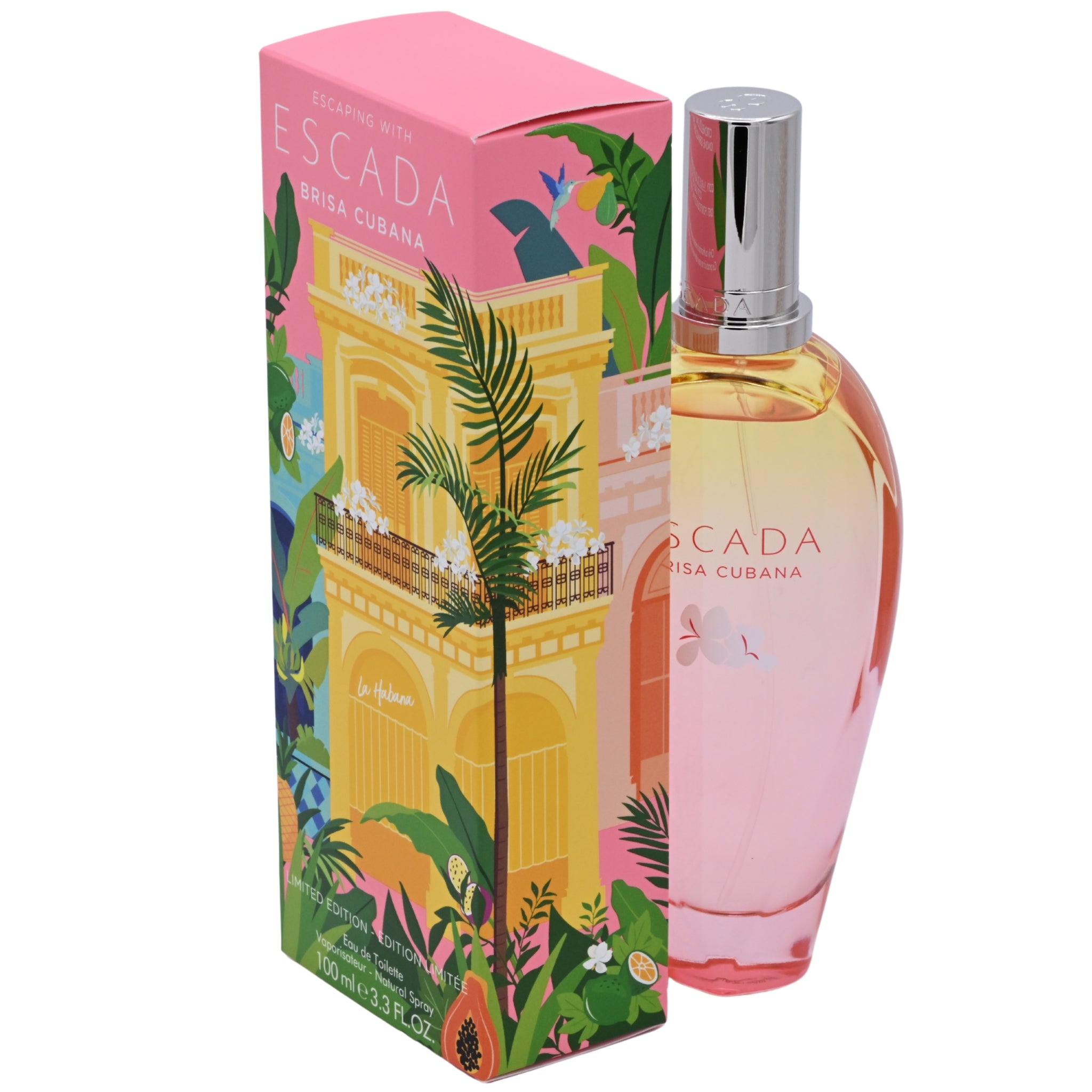 Escada perfume bottle and packaging with tropical design on a white background