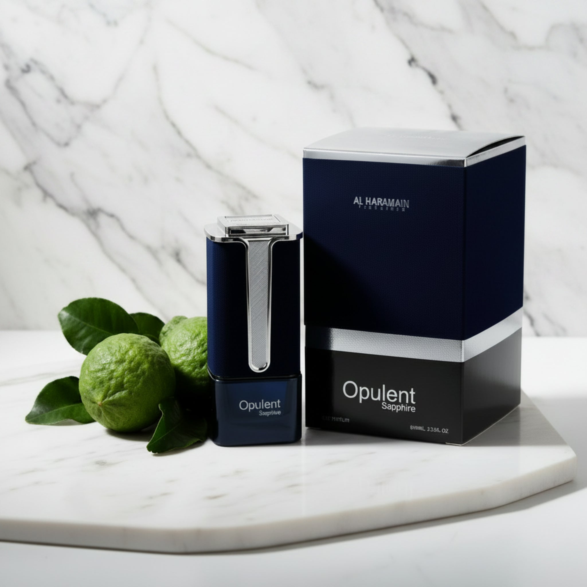 Opulent Sapphire perfume bottle and packaging by Al Haramain on a white background