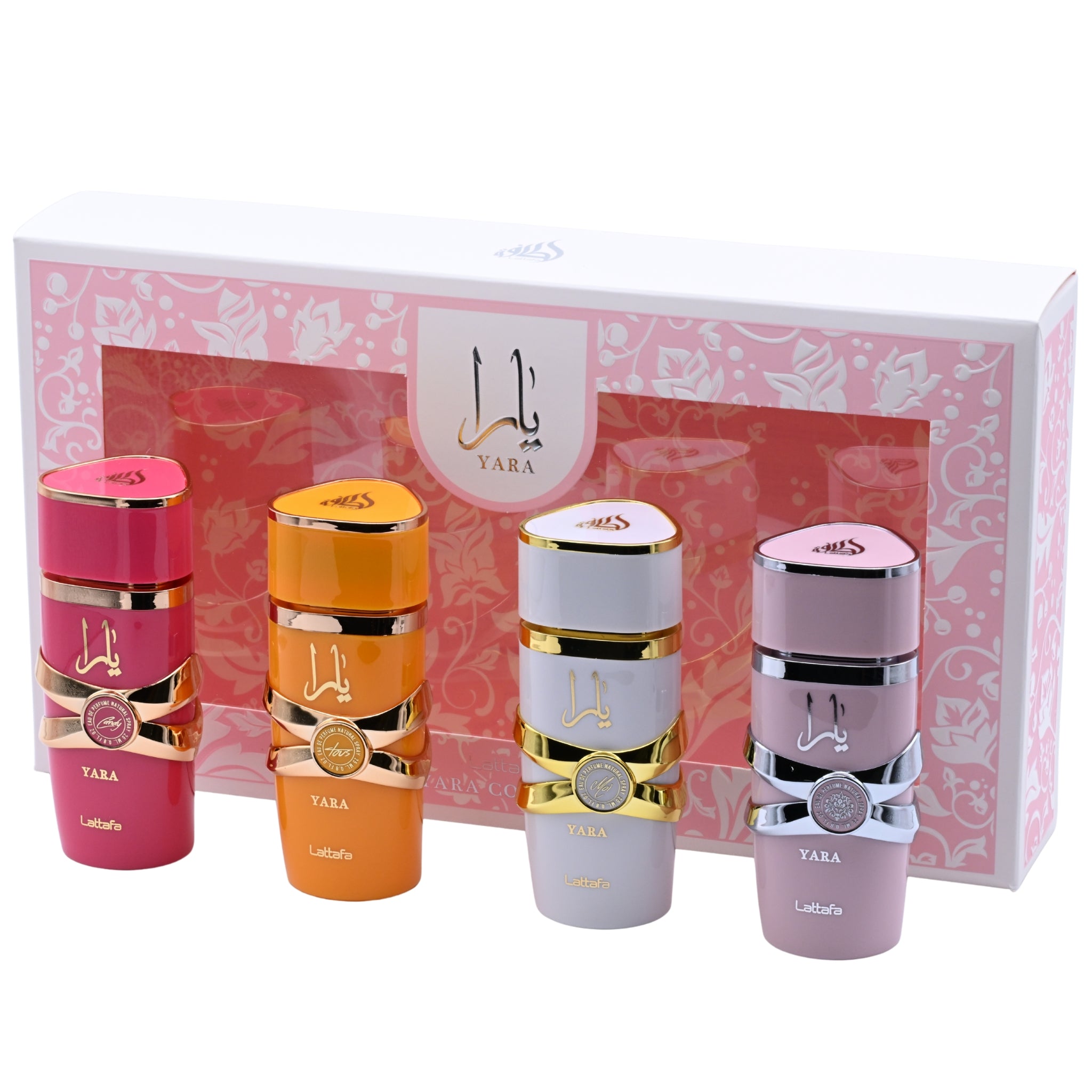Four colorful perfume bottles with gold accents and 'Yara' branding on a white background