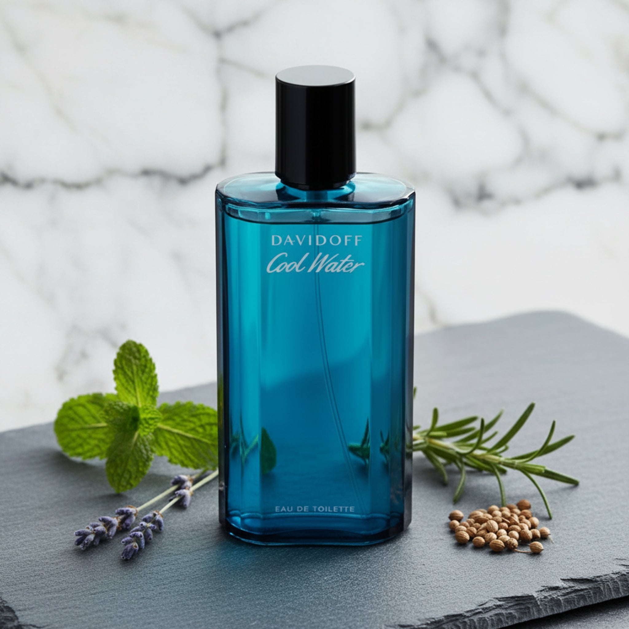 Blue Davidoff Cool Water perfume bottle on a white background