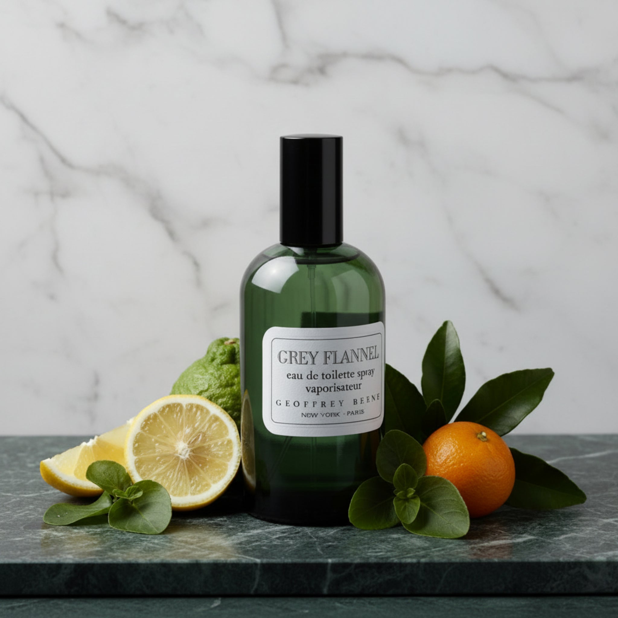 Green bottle of Grey Flannel eau de toilette spray by Geoffrey Beene on a white background