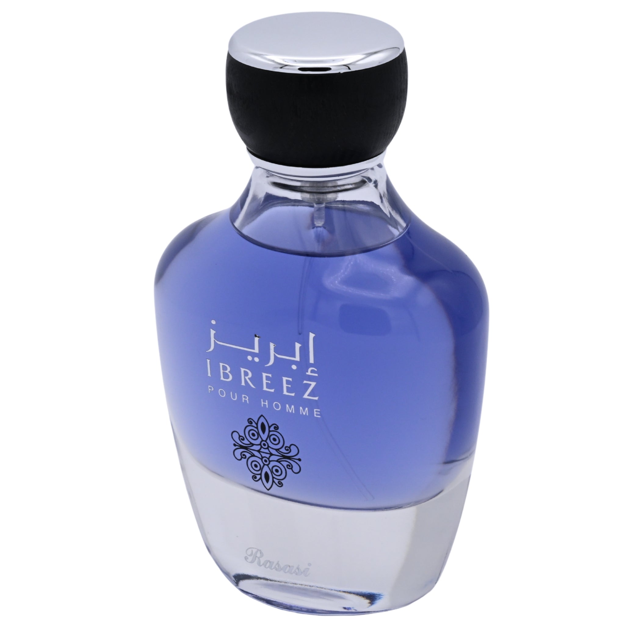 Blue perfume bottle with black cap on a white background