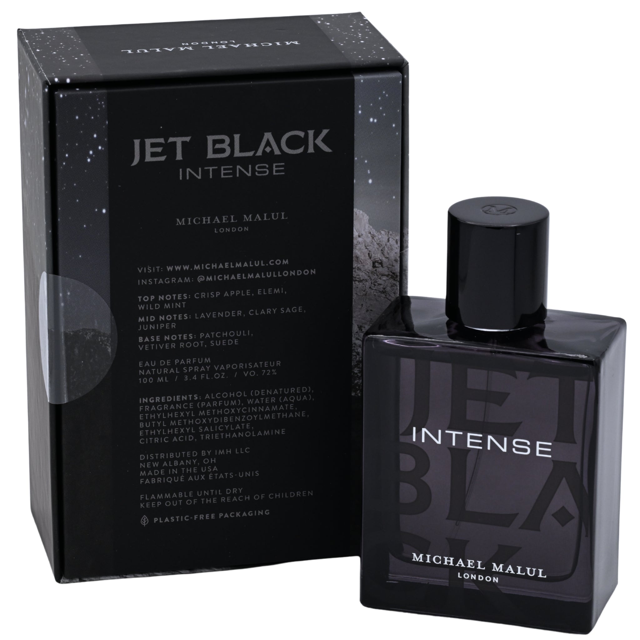 Black perfume bottle and packaging labeled 'Jet Black Intense' by Michael Malul on a white background.