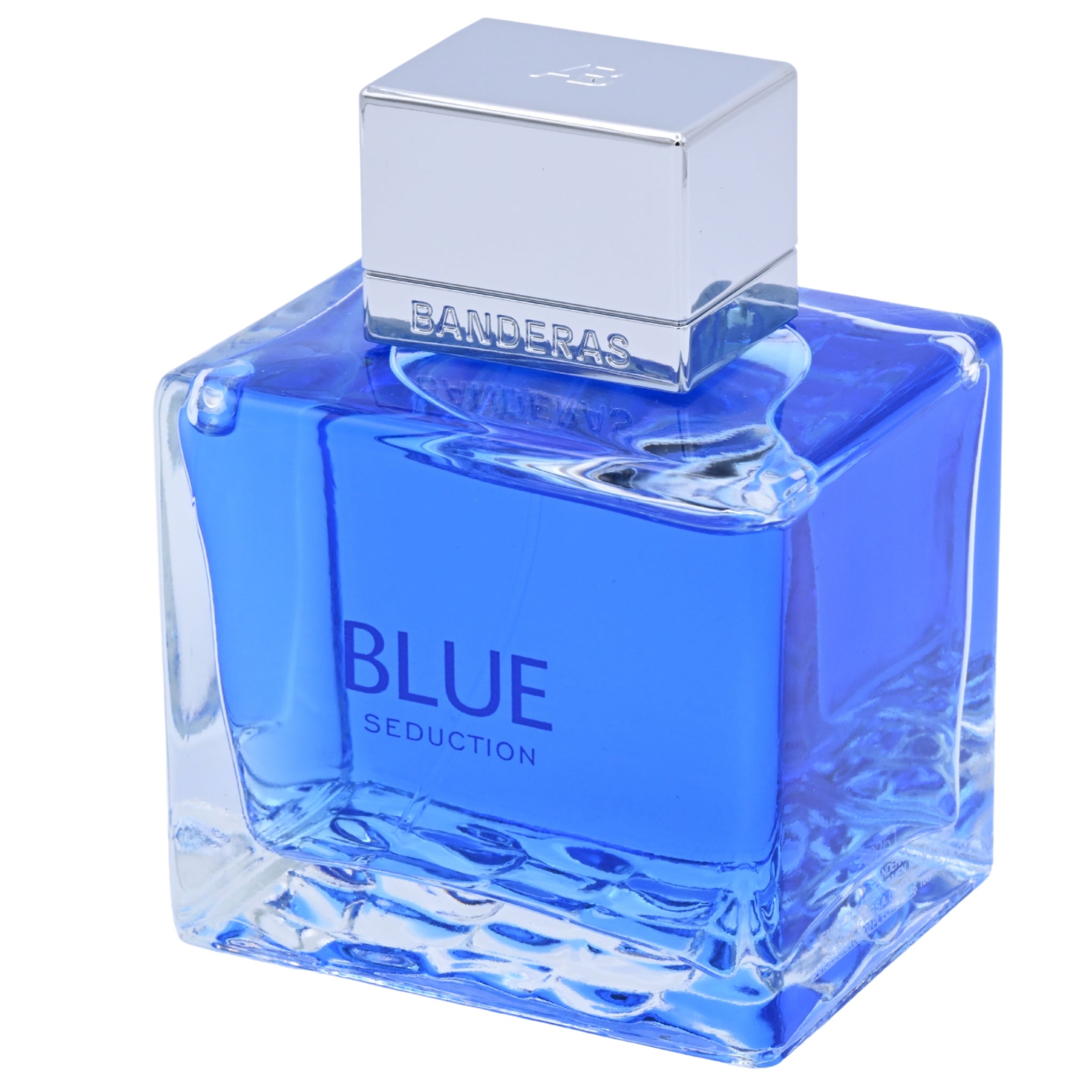 Blue perfume bottle with 'Banderas' branding on a white background