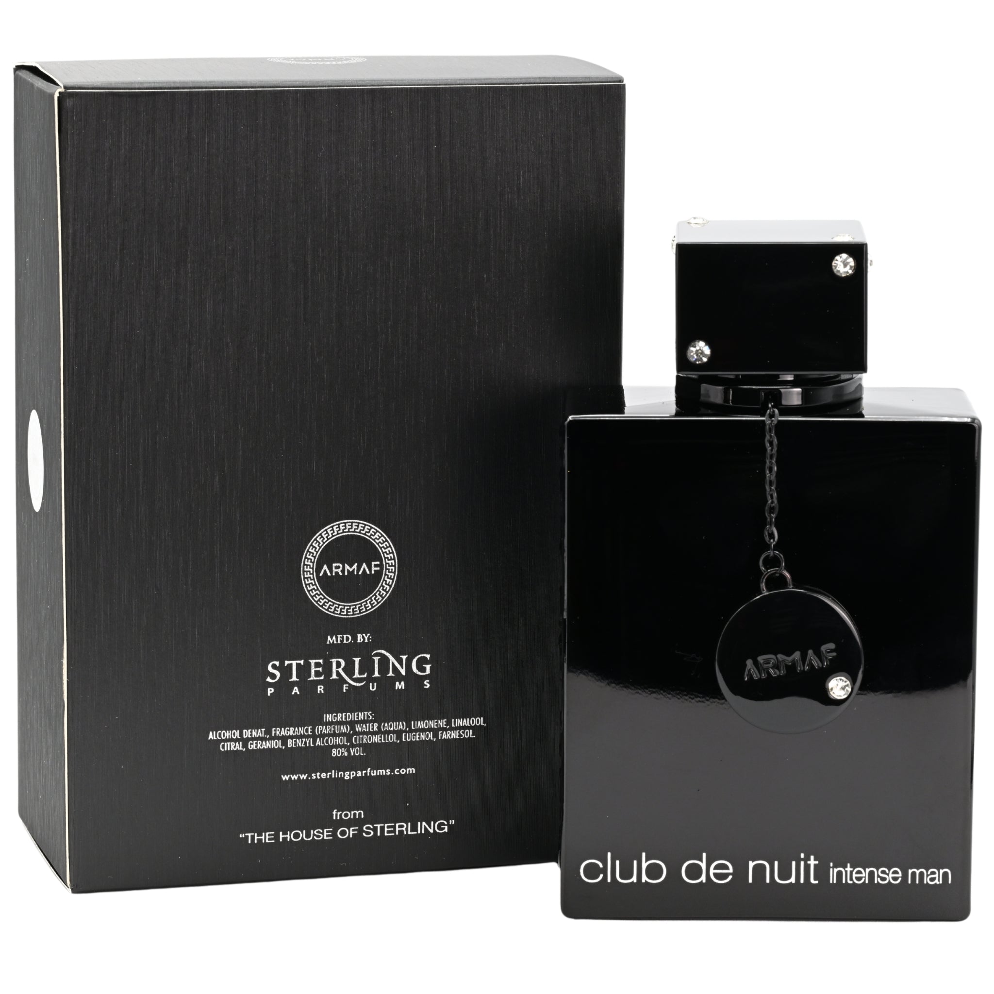 Black Armaf Sterling perfume bottle and packaging on a white background