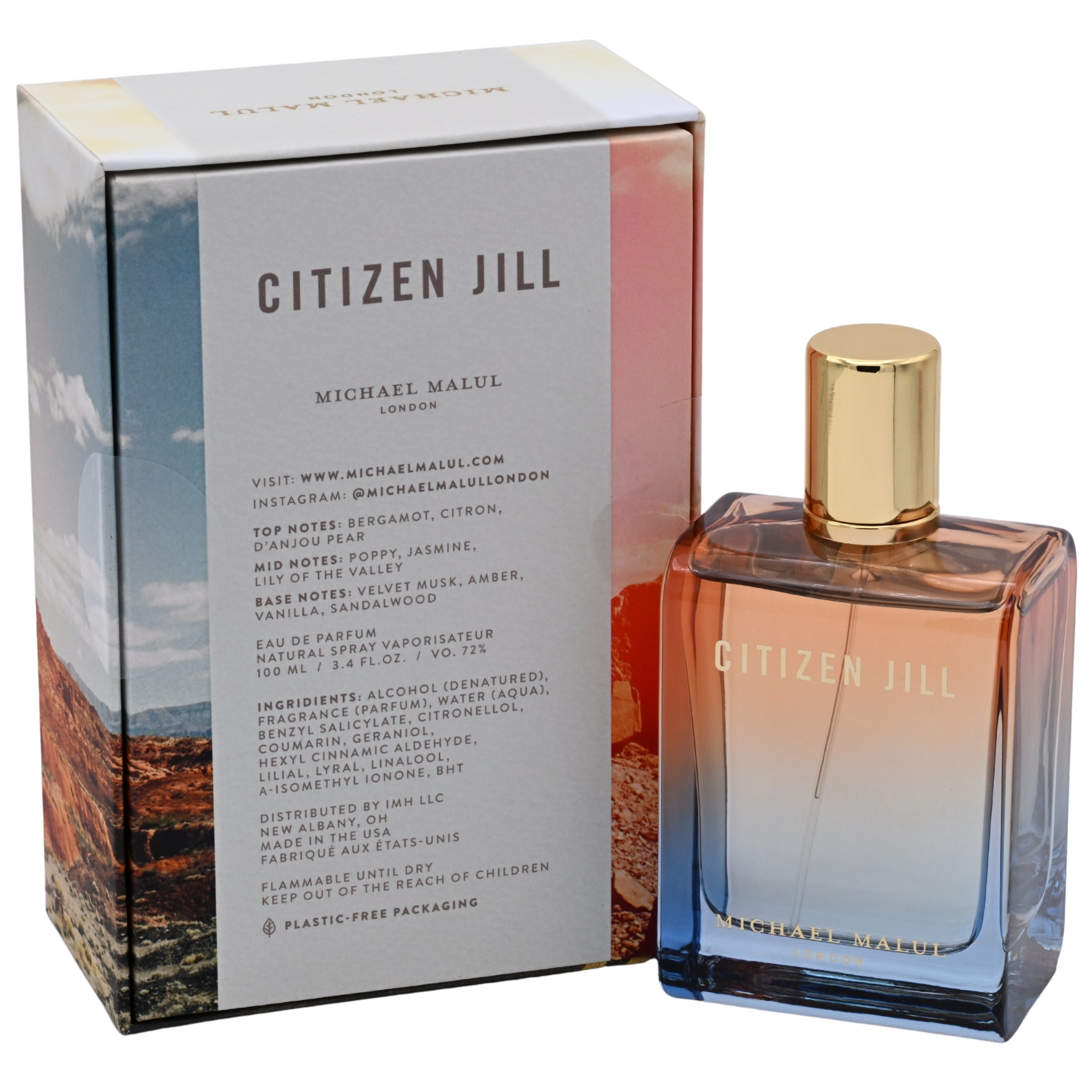 Perfume bottle and packaging with 'Citizen Jill' branding on a white background