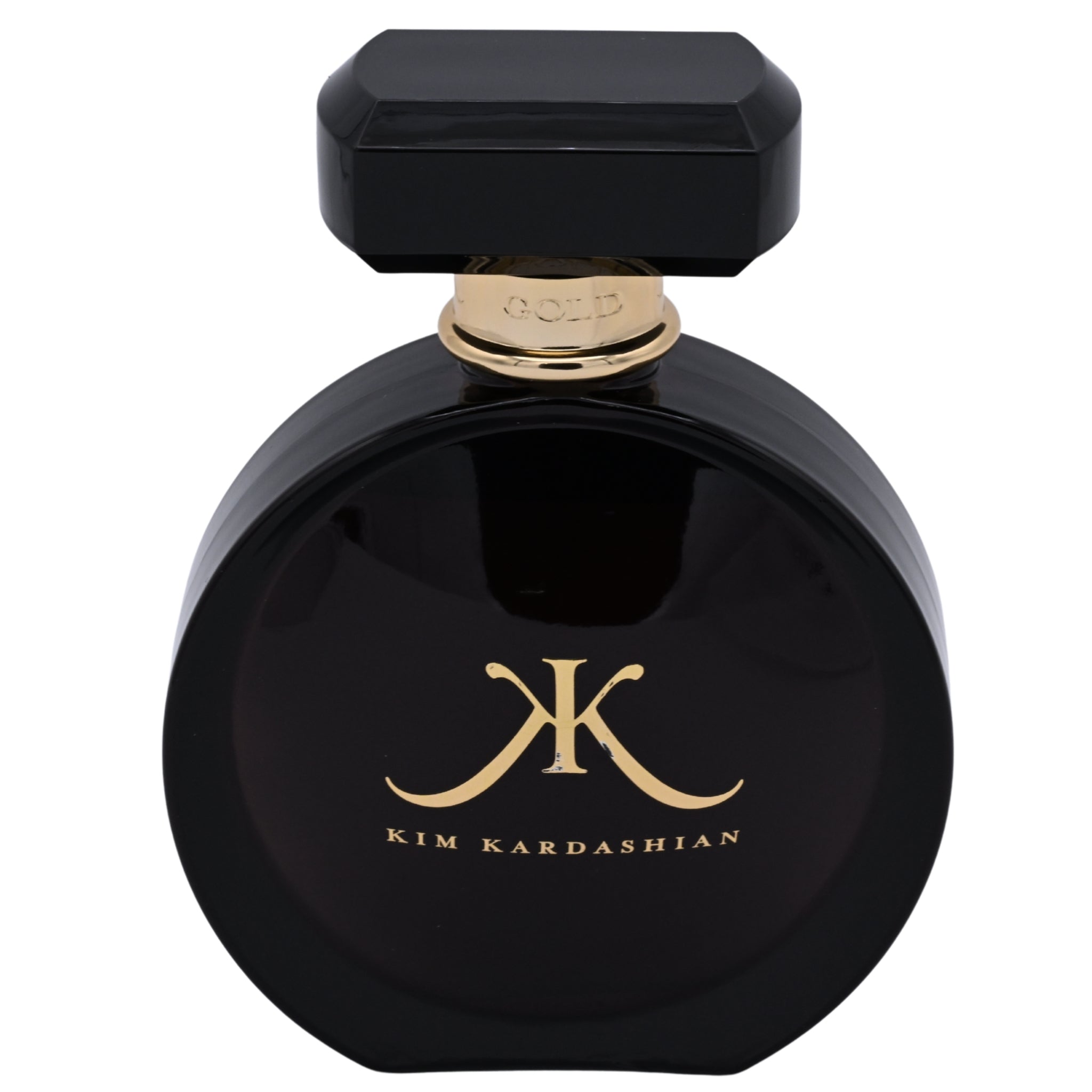 Kim Kardashian Gold perfume bottle on a white background