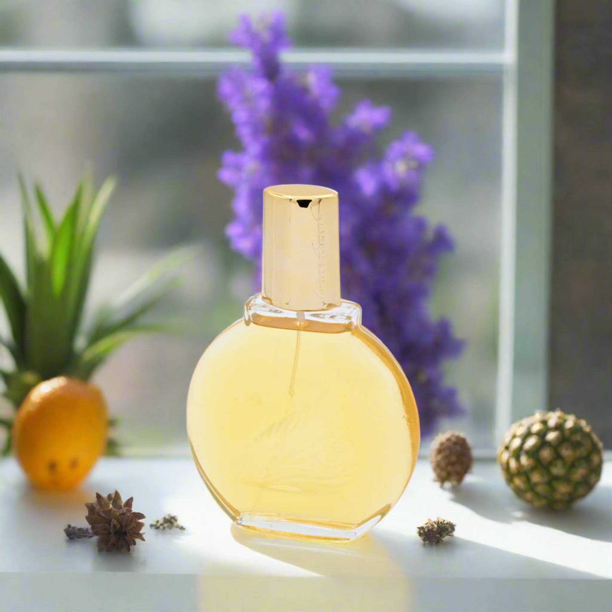 Perfume bottle with gold cap on a reflective surface with decorative elements in the background