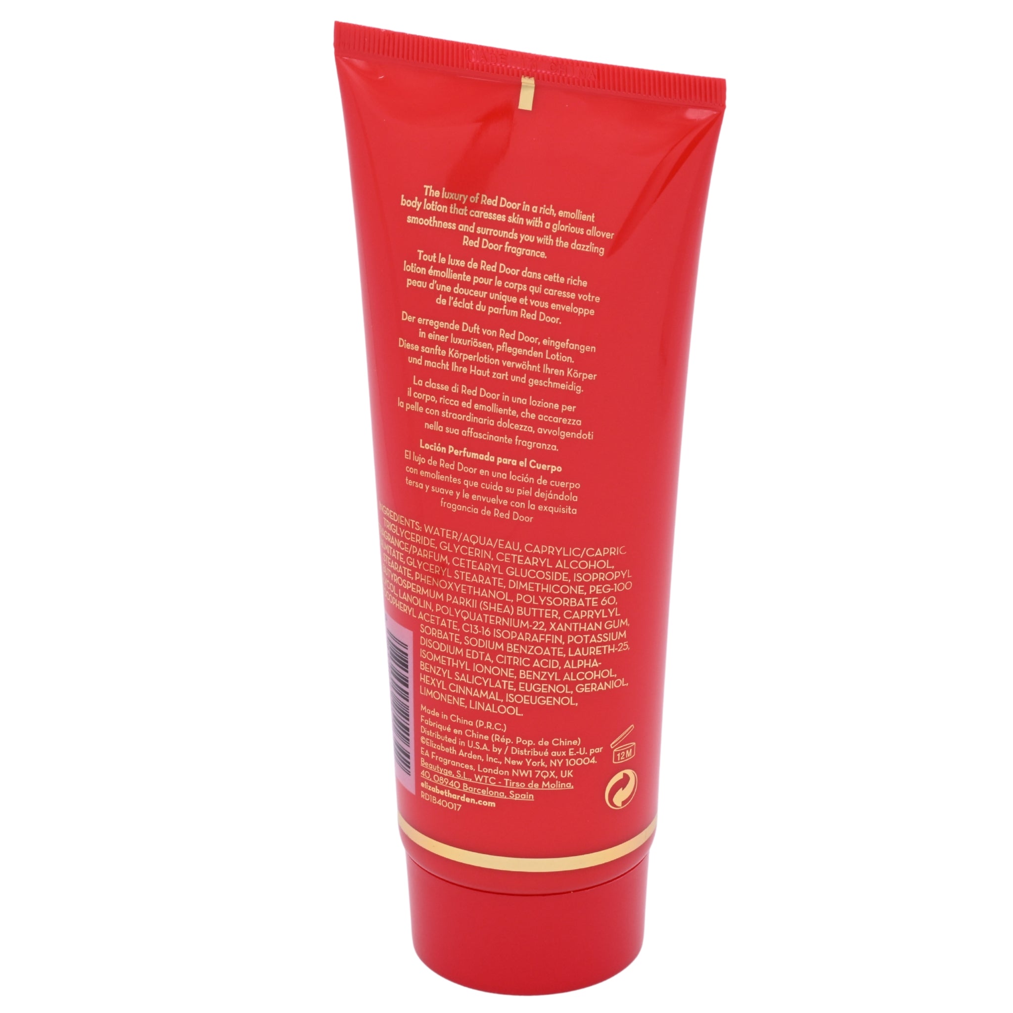 Red tube of Elizabeth Arden Red Door perfume lotion on a white background